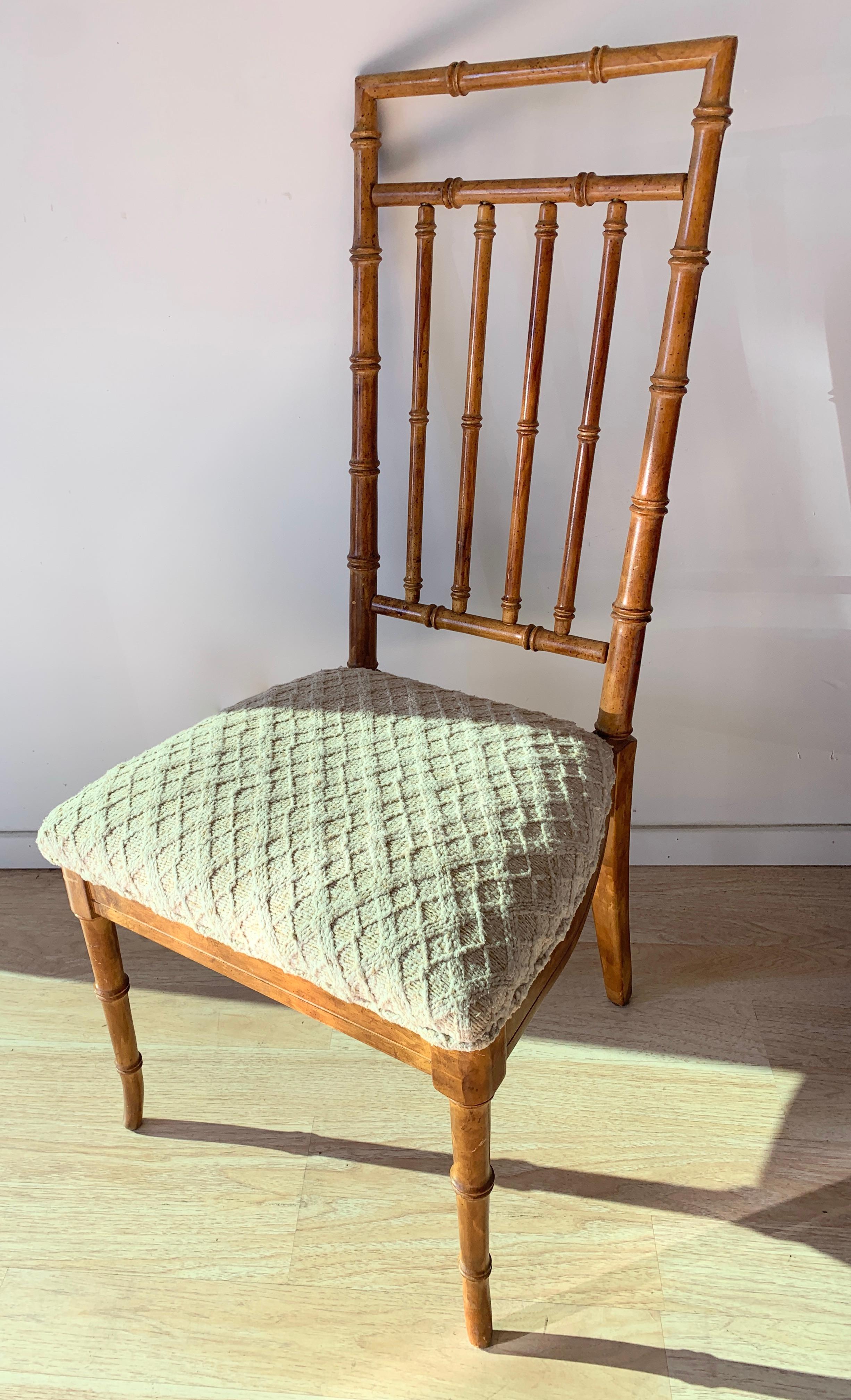 20th Century Set of Six Upholstered Fruitwood Bamboo Style Dining Chairs