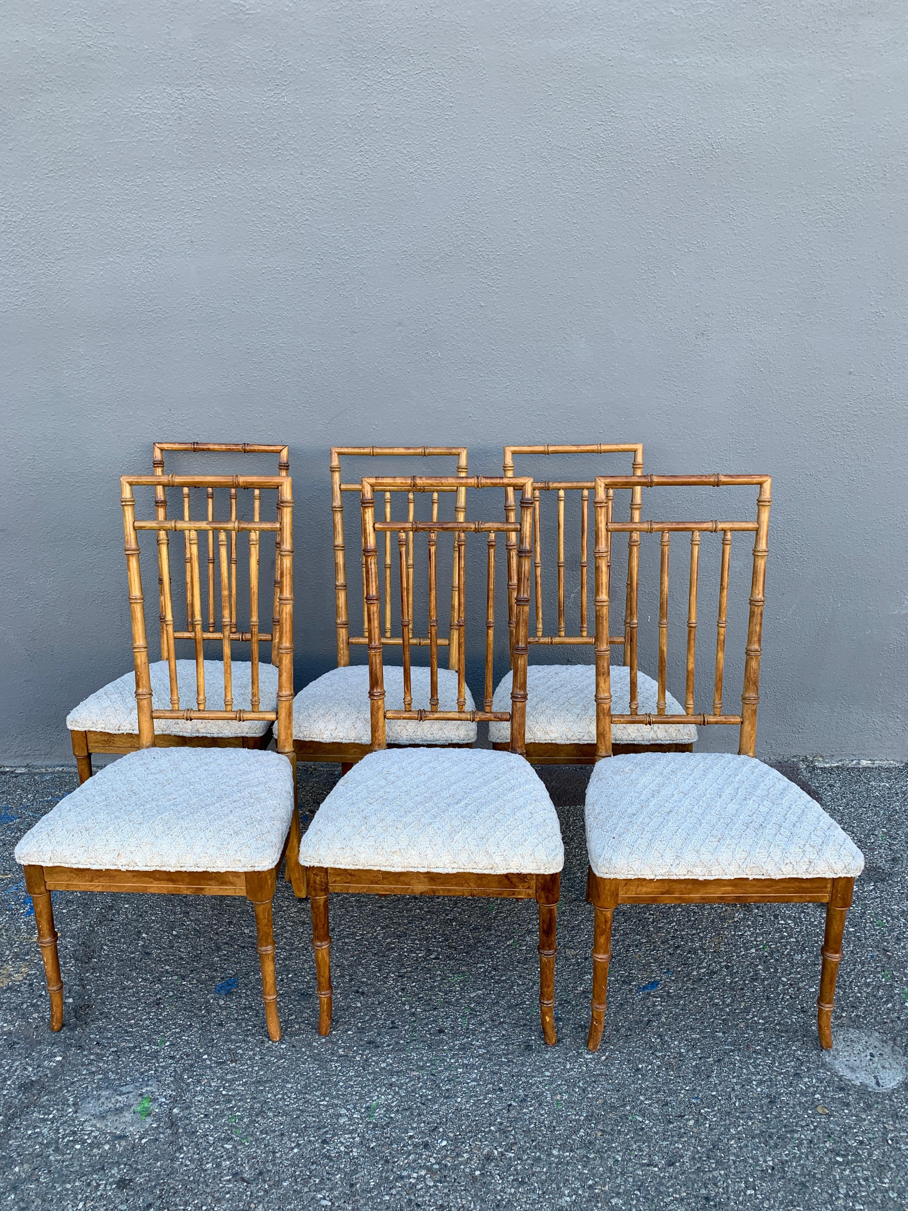 Set of Six Upholstered Fruitwood Bamboo Style Dining Chairs 2
