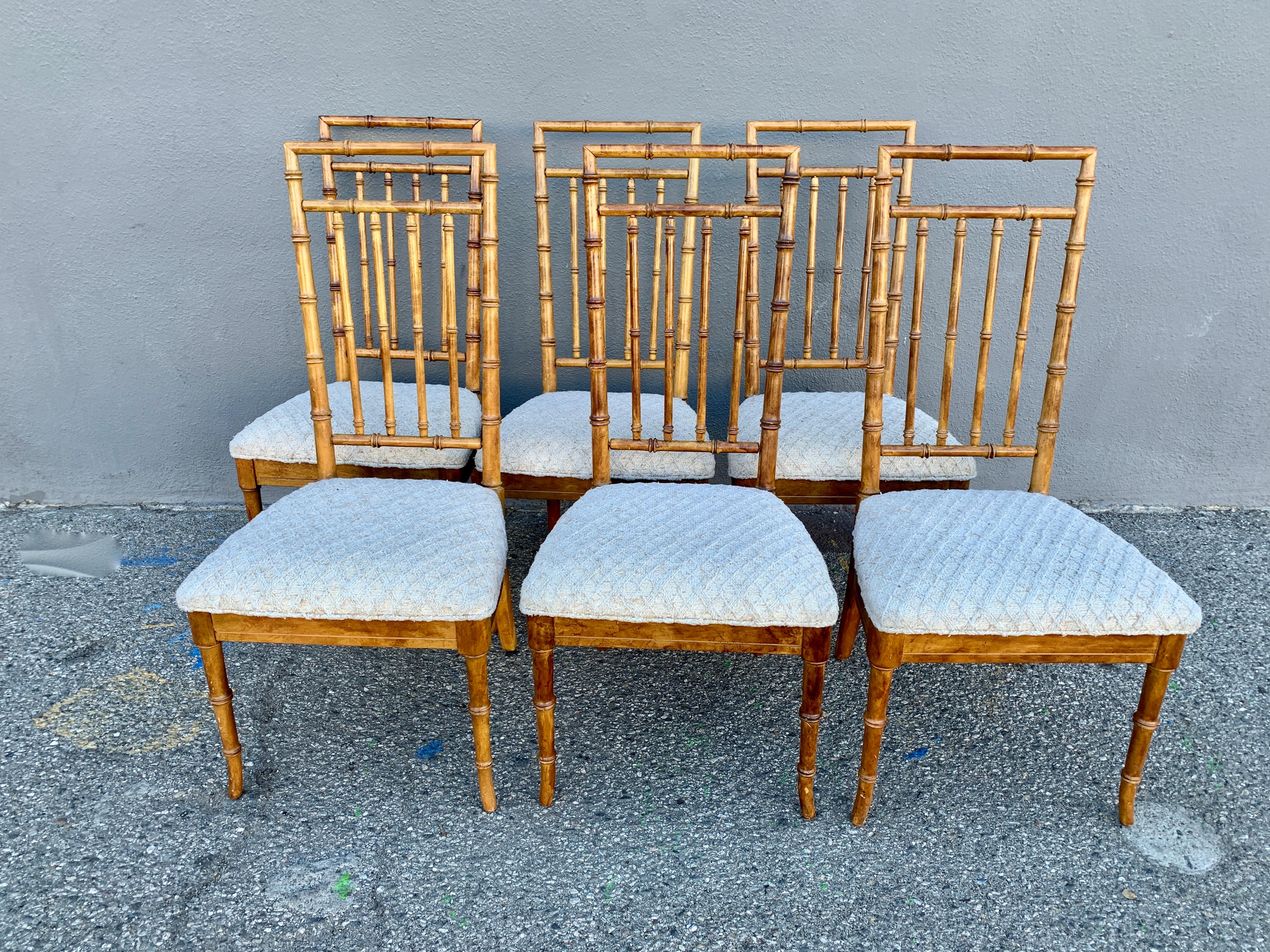 Set of Six Upholstered Fruitwood Bamboo Style Dining Chairs 4