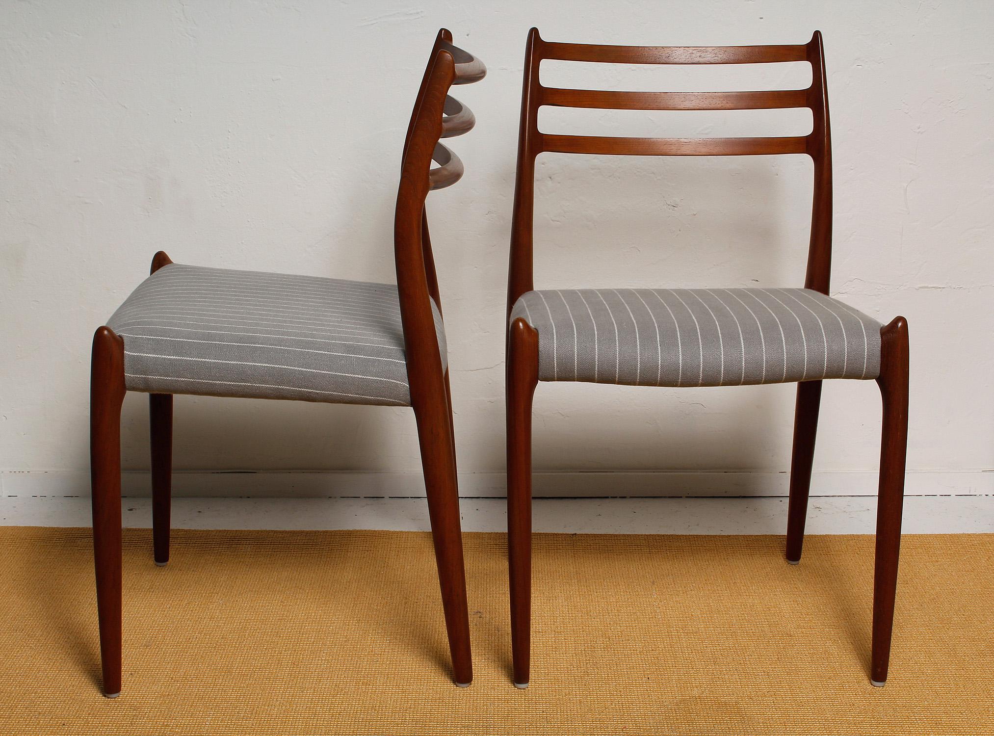 Fully restored set of six Niels O. Møller (model No 78) teak dining chairs for J.L. Møller, circa 1960. Newly upholstered in grey pinstriped Belgian linen. Branded frames.