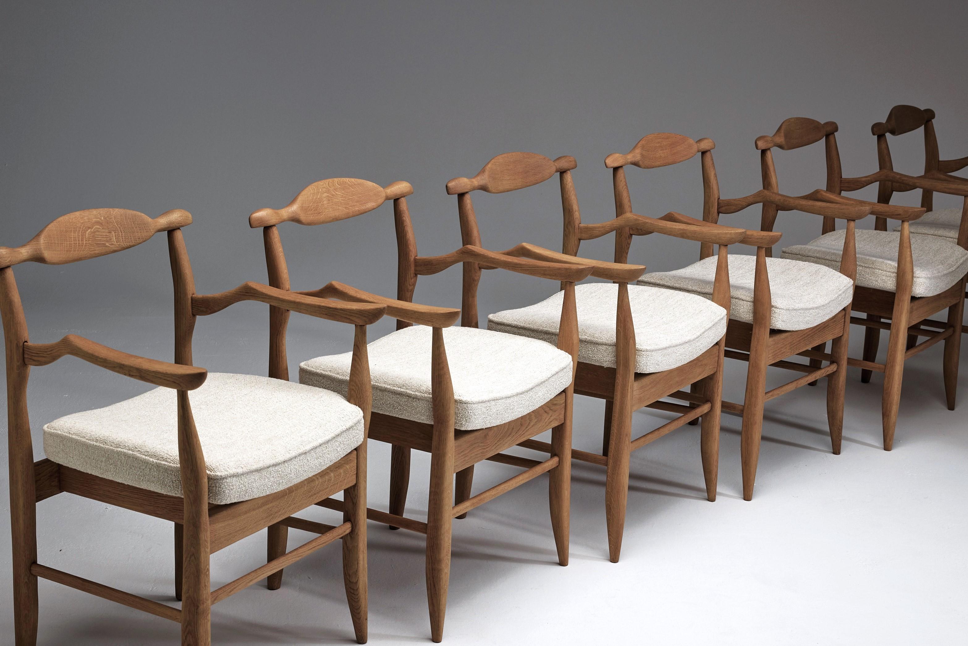 Mid-Century Modern Set of Six “Fumay” Dining Armchairs by Guillerme et Chambron, France, 1960s For Sale