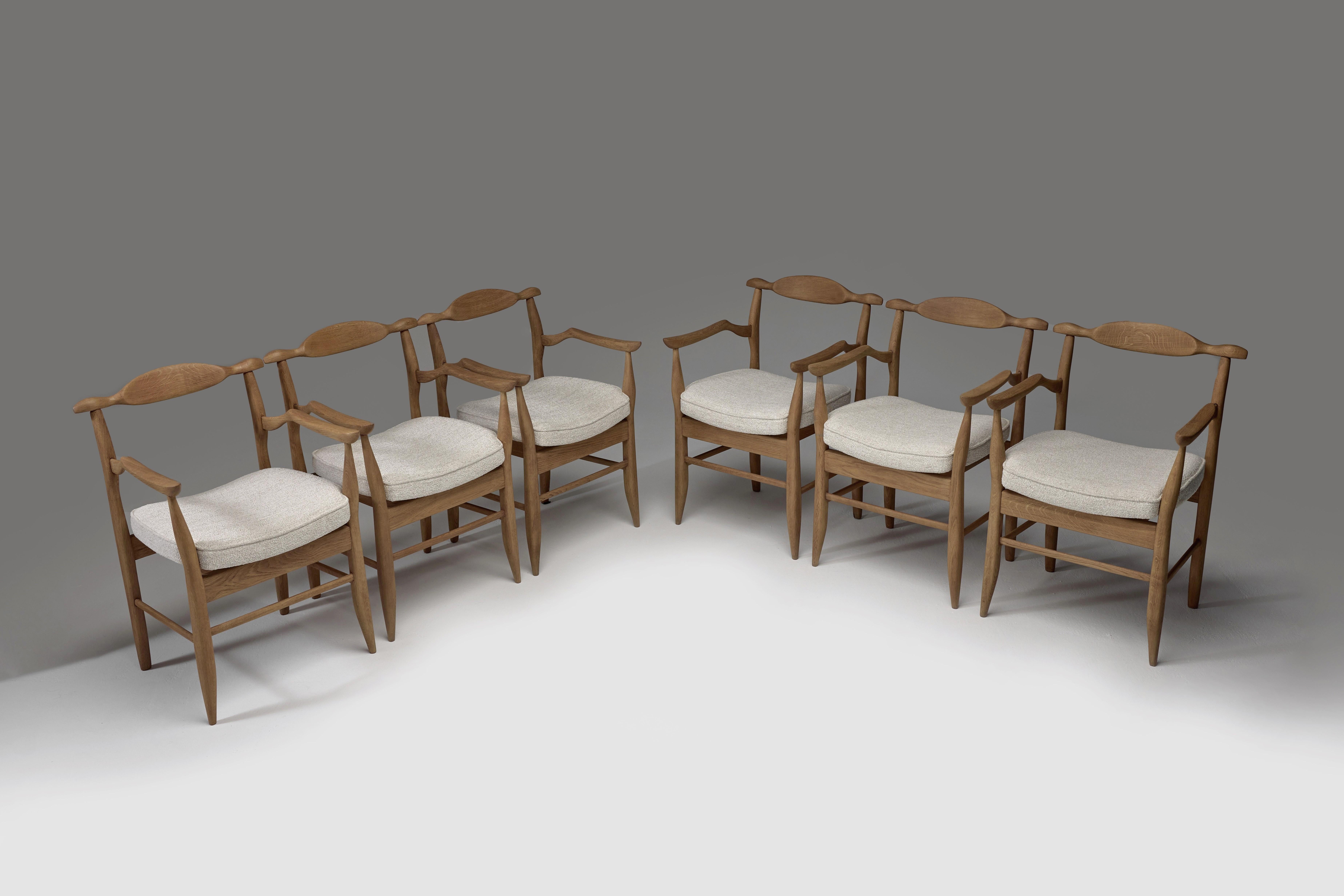 Mid-20th Century Set of Six “Fumay” Dining Armchairs by Guillerme et Chambron, France, 1960s For Sale