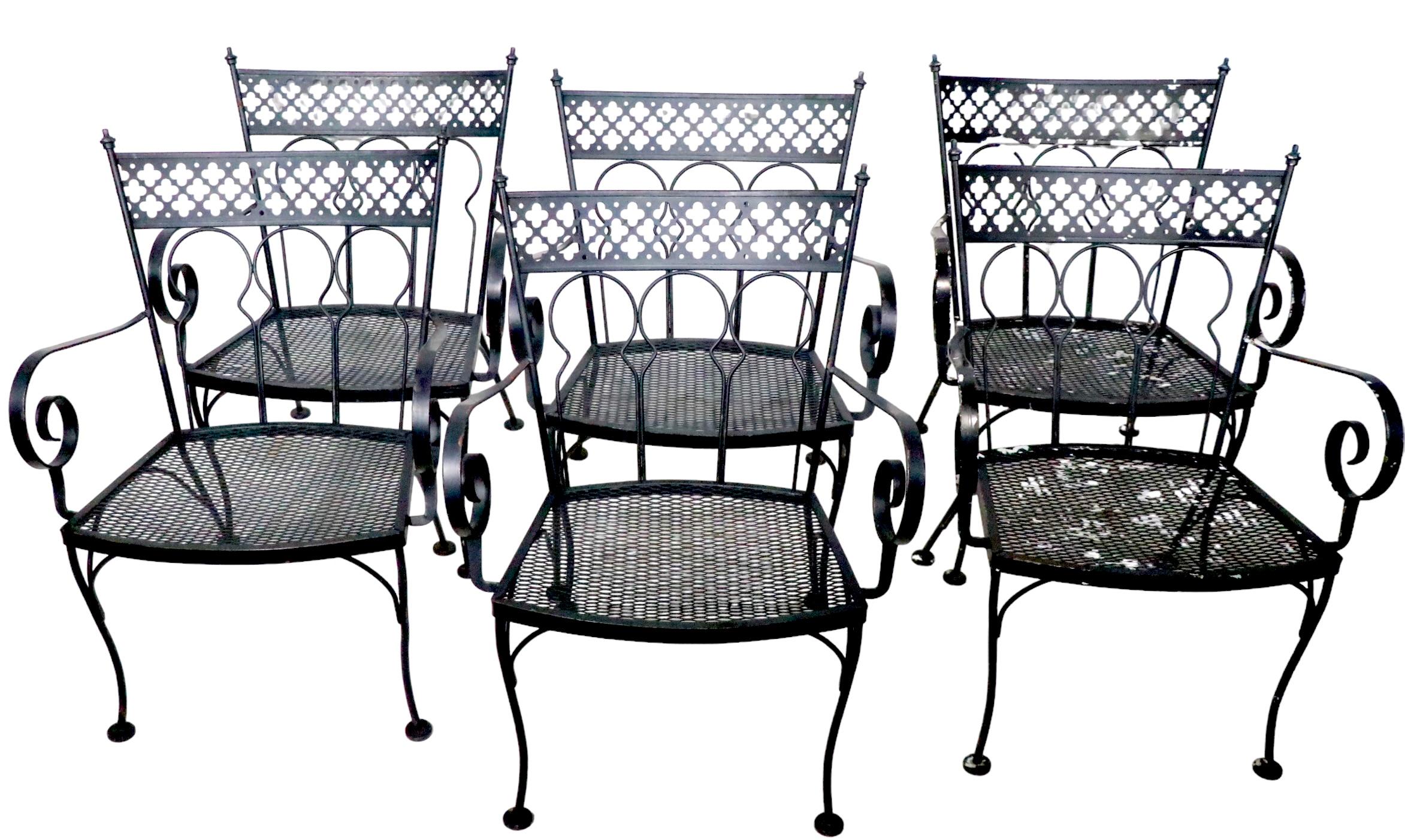 Hollywood Regency Set of Six Garden Patio Dining Arm Chairs Taj Mahal by Salterini, 1950/ 60s For Sale