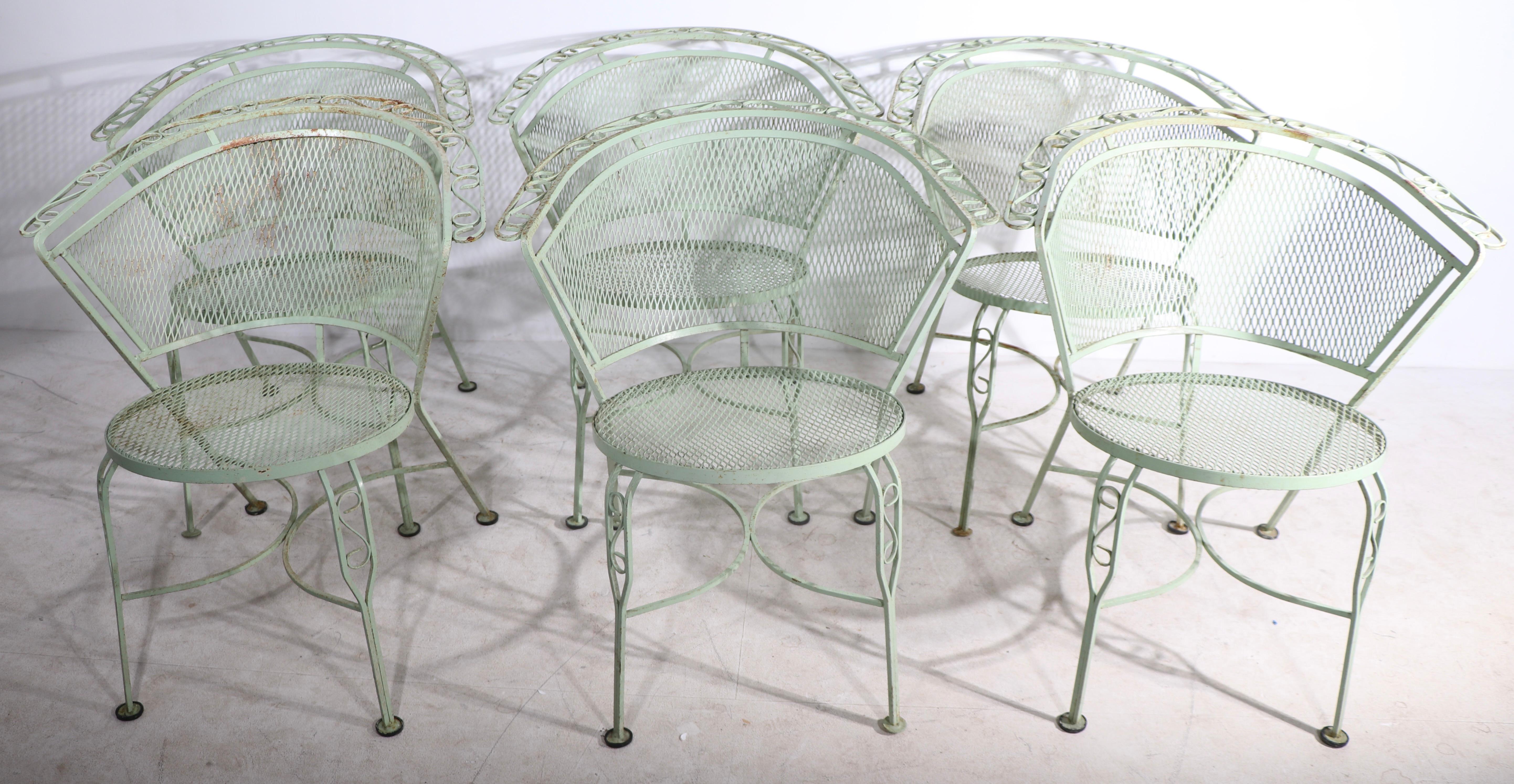 Mid-Century Modern Set of Six Garden Patio Poolside Wrought Iron Chairs by Salterini For Sale