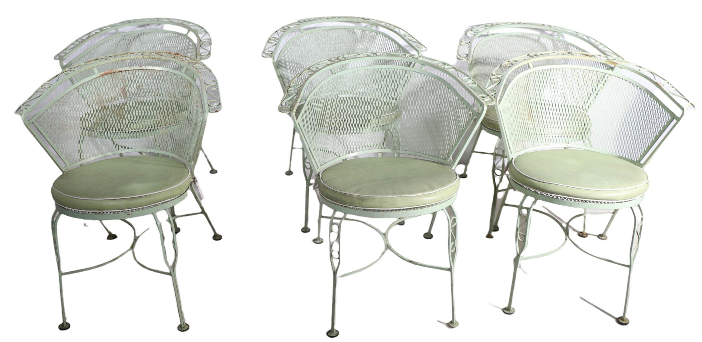 20th Century Set of Six Garden Patio Poolside Wrought Iron Chairs by Salterini For Sale