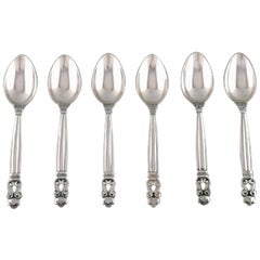 Set of Six Georg Jensen "Acorn" Large Teaspoons, Sterling Silver Dated 1933-1944