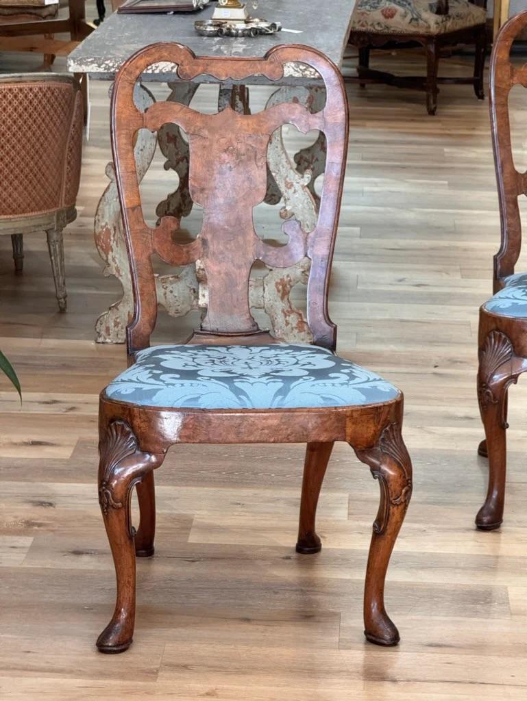 English Set of Six George I Burlwood Veneered and Carved Dining Chairs For Sale