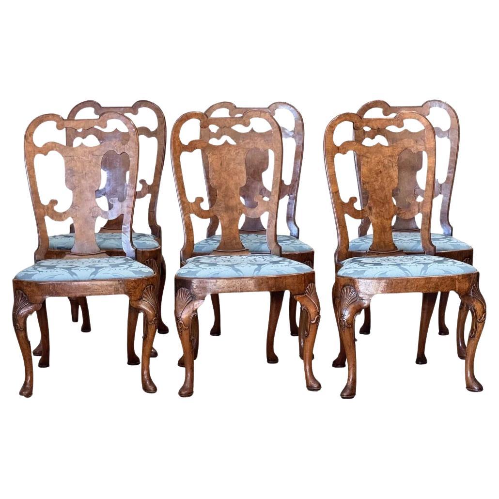 Set of Six George I Burlwood Veneered and Carved Dining Chairs For Sale