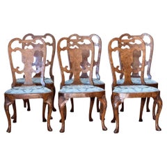 Antique Set of Six George I Burlwood Veneered and Carved Dining Chairs