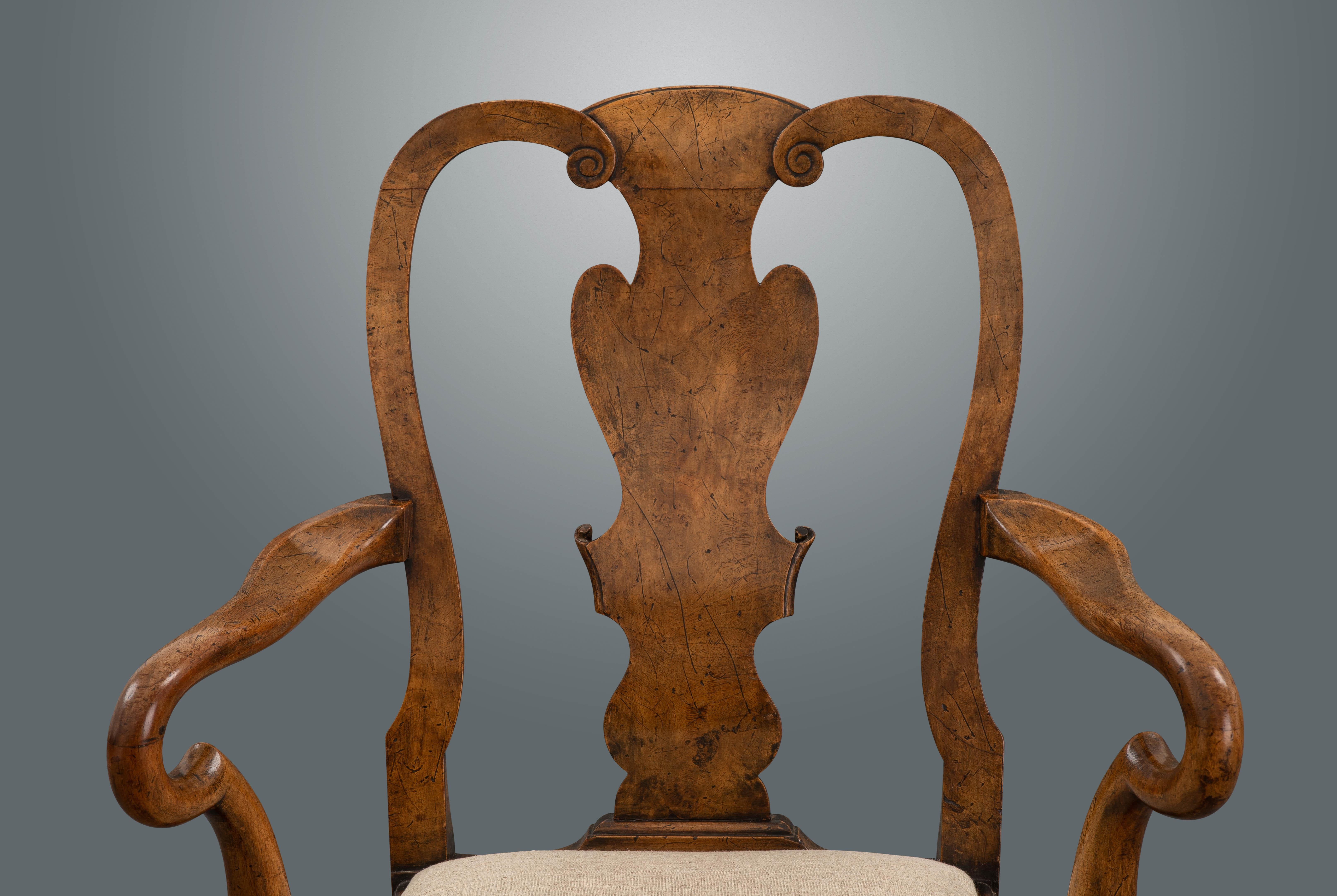 English Set of Six George I Revival Walnut Dining Chairs For Sale