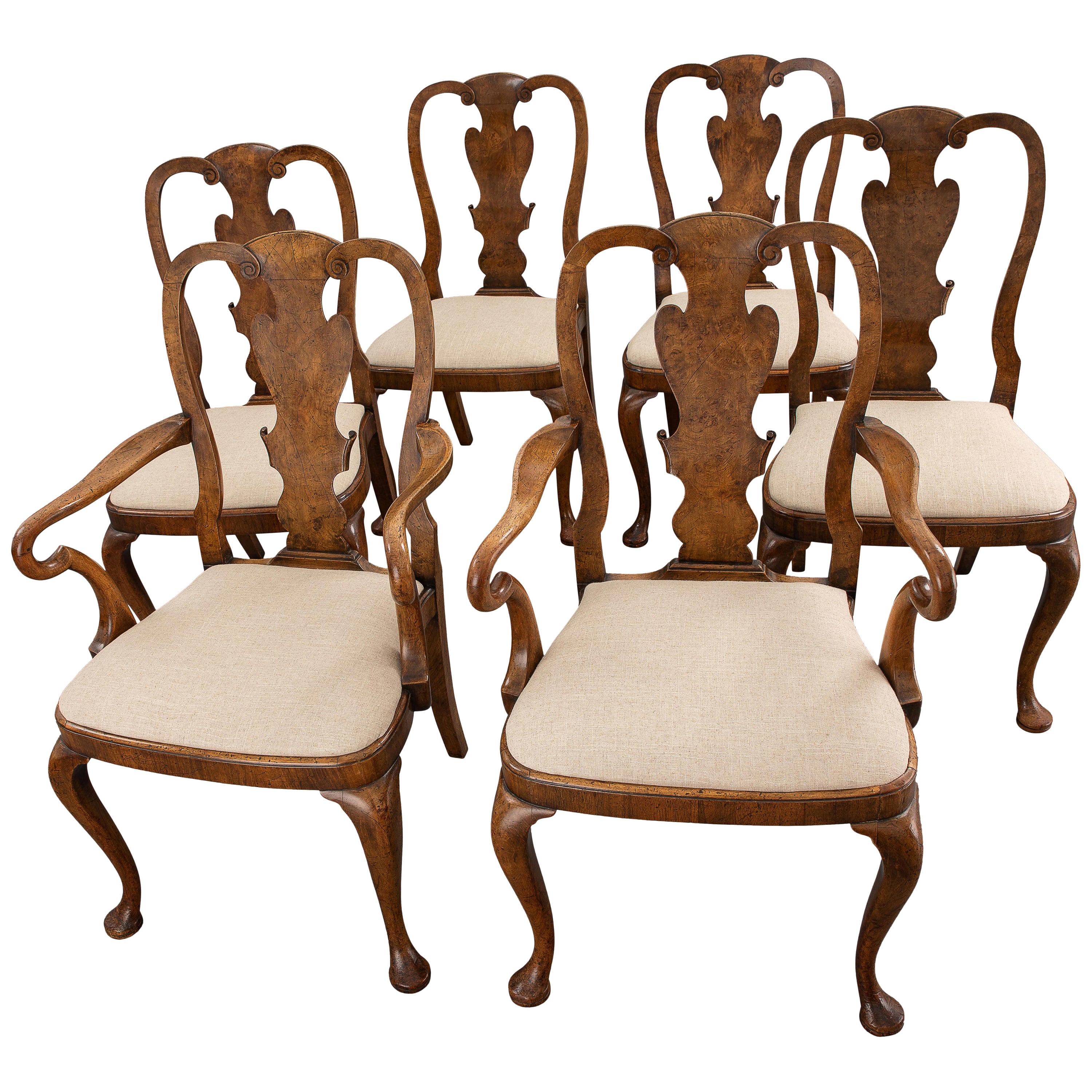 Set of Six George I Revival Walnut Dining Chairs For Sale