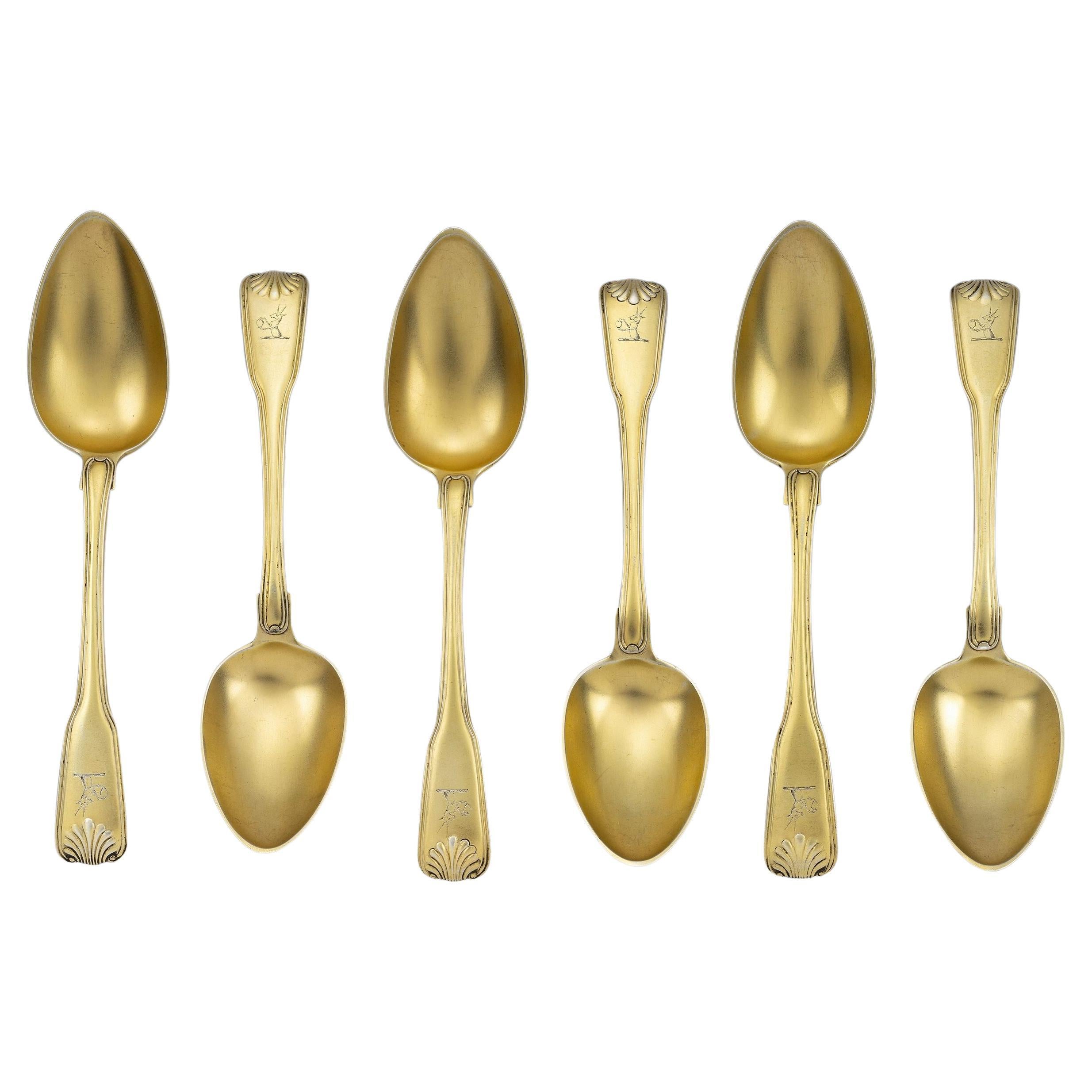 Juego de seis cucharas de mesa doradas de plata de Jorge III por William Sumner, 1802