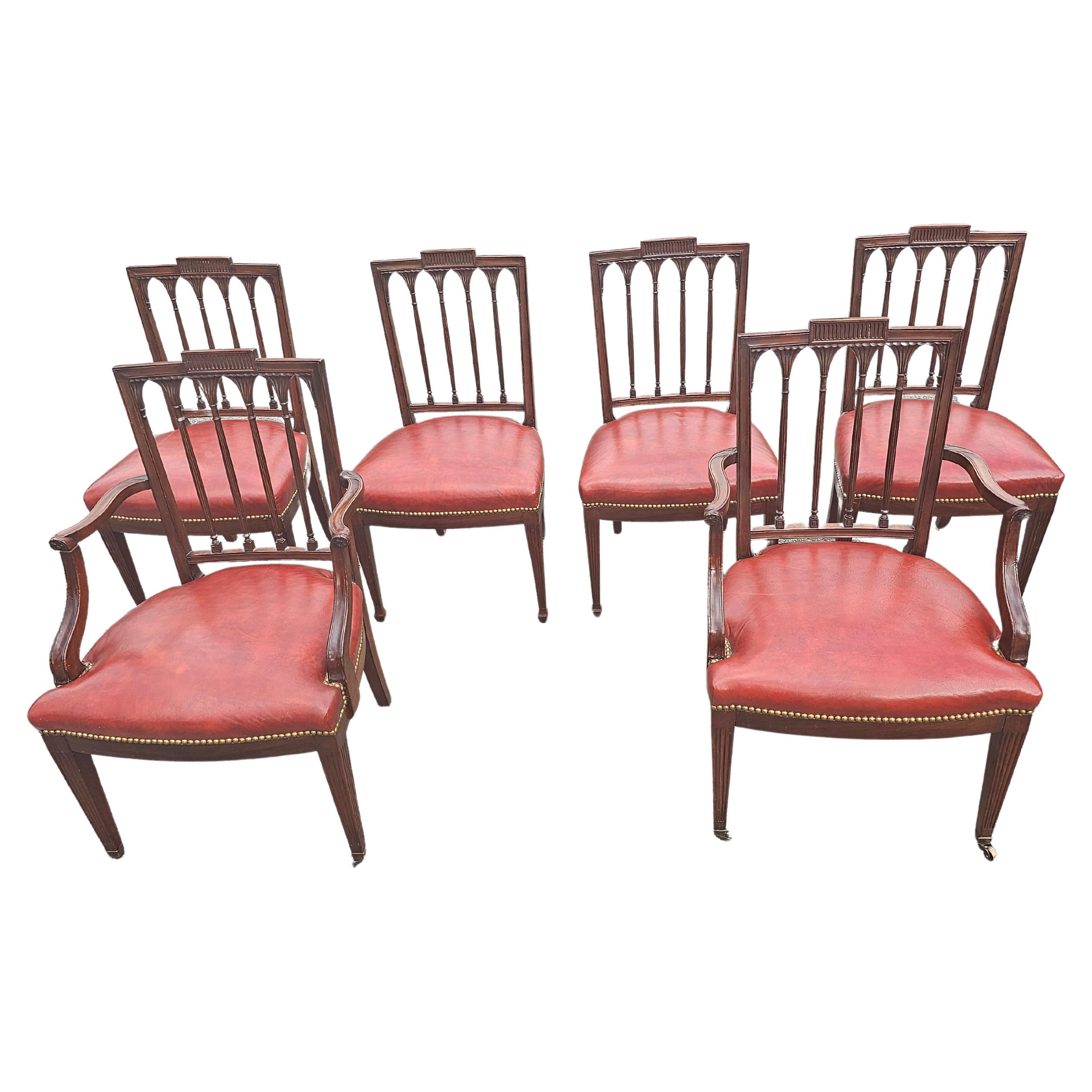American Set Of Six George III Style Carved Mahogany Leather Upholstered Dining Chairs For Sale