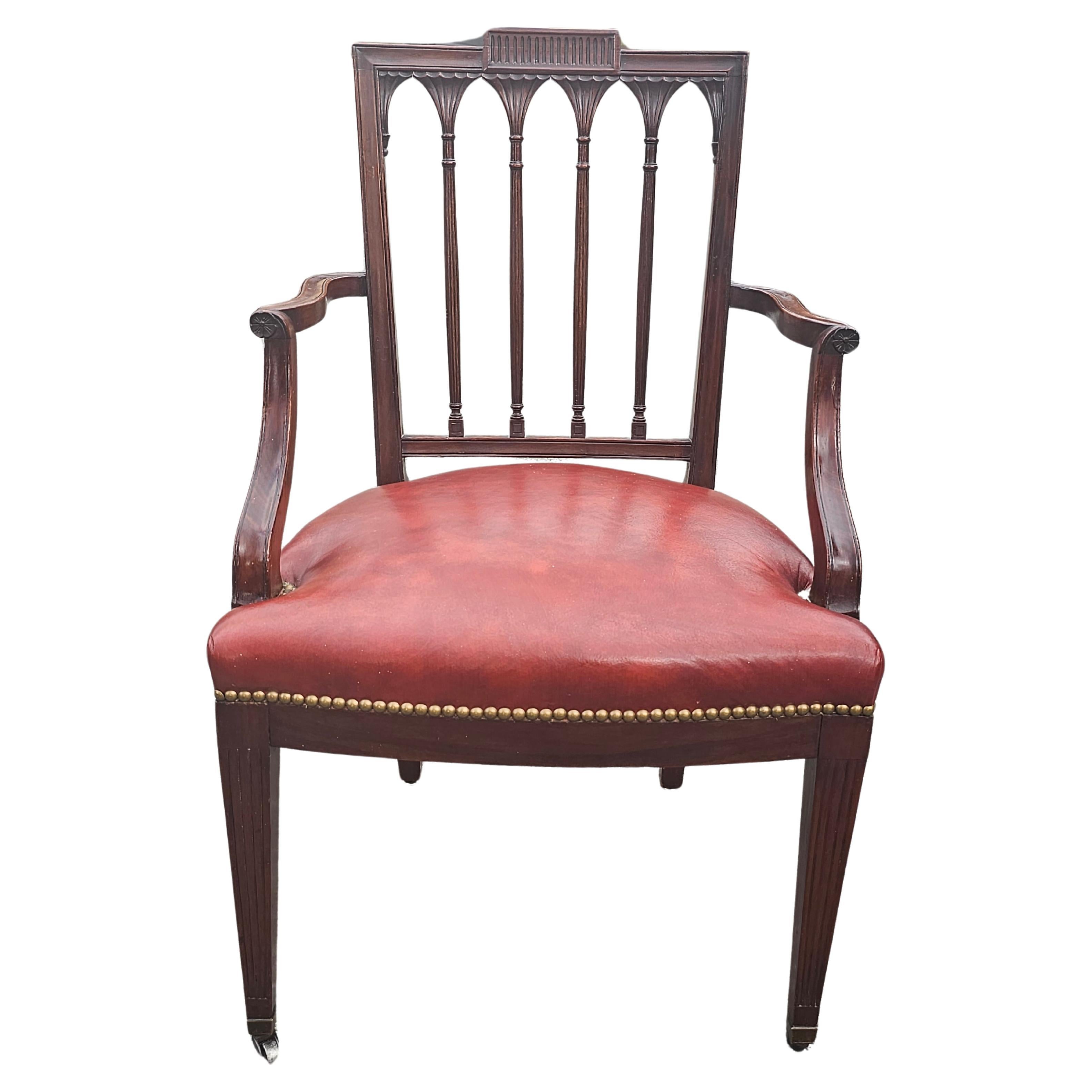 20th Century Set Of Six George III Style Carved Mahogany Leather Upholstered Dining Chairs For Sale