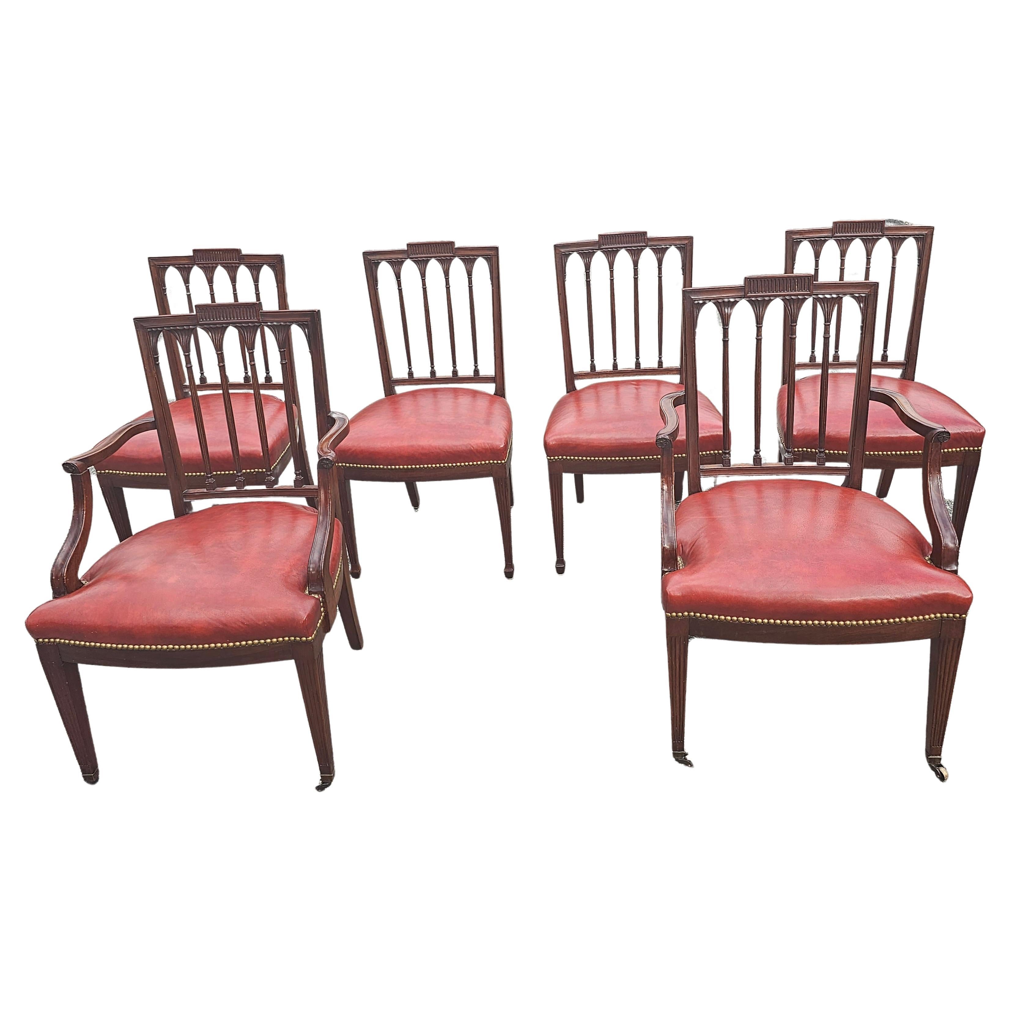 Set Of Six George III Style Carved Mahogany Leather Upholstered Dining Chairs
