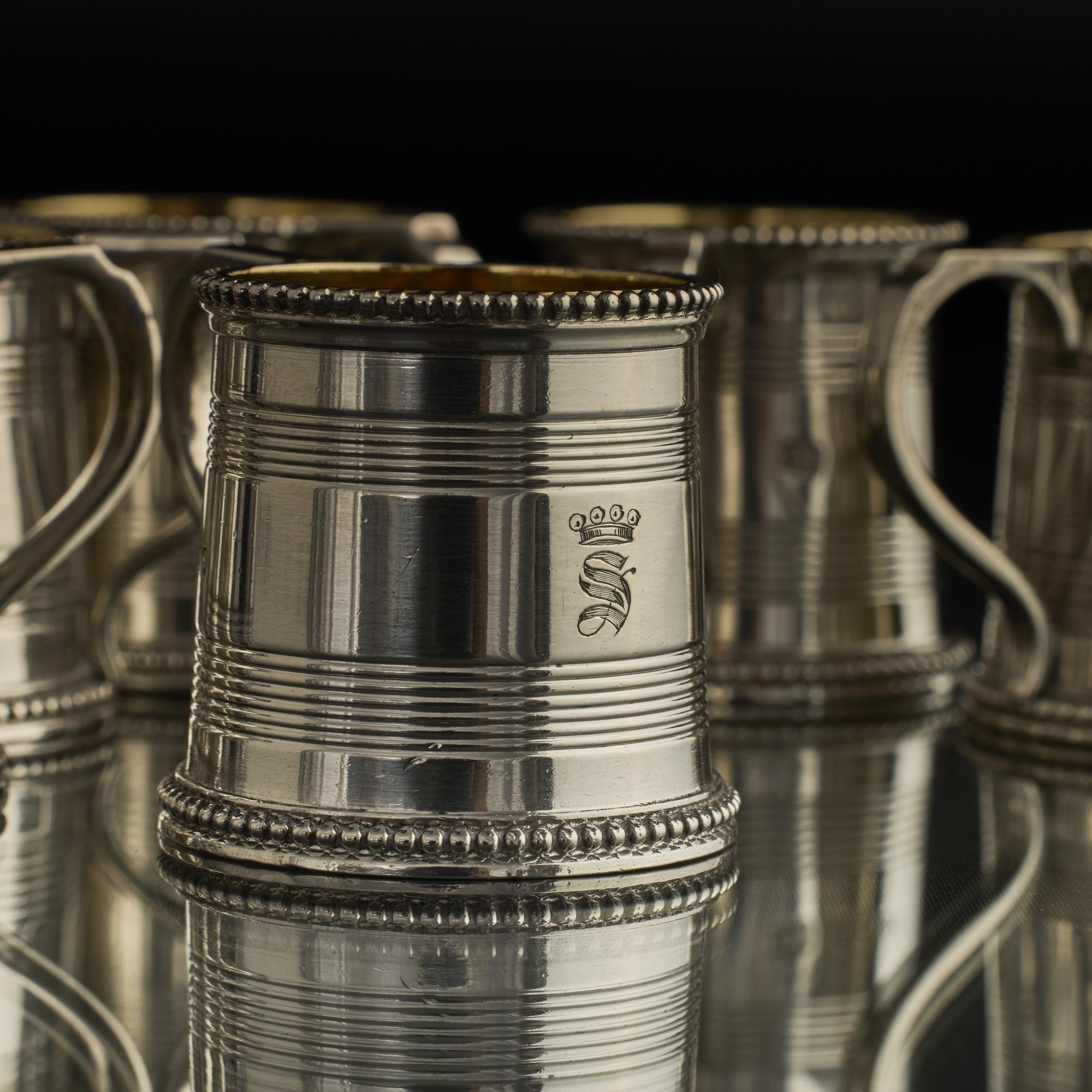 British Set of six George III style silver spirit tot mugs For Sale