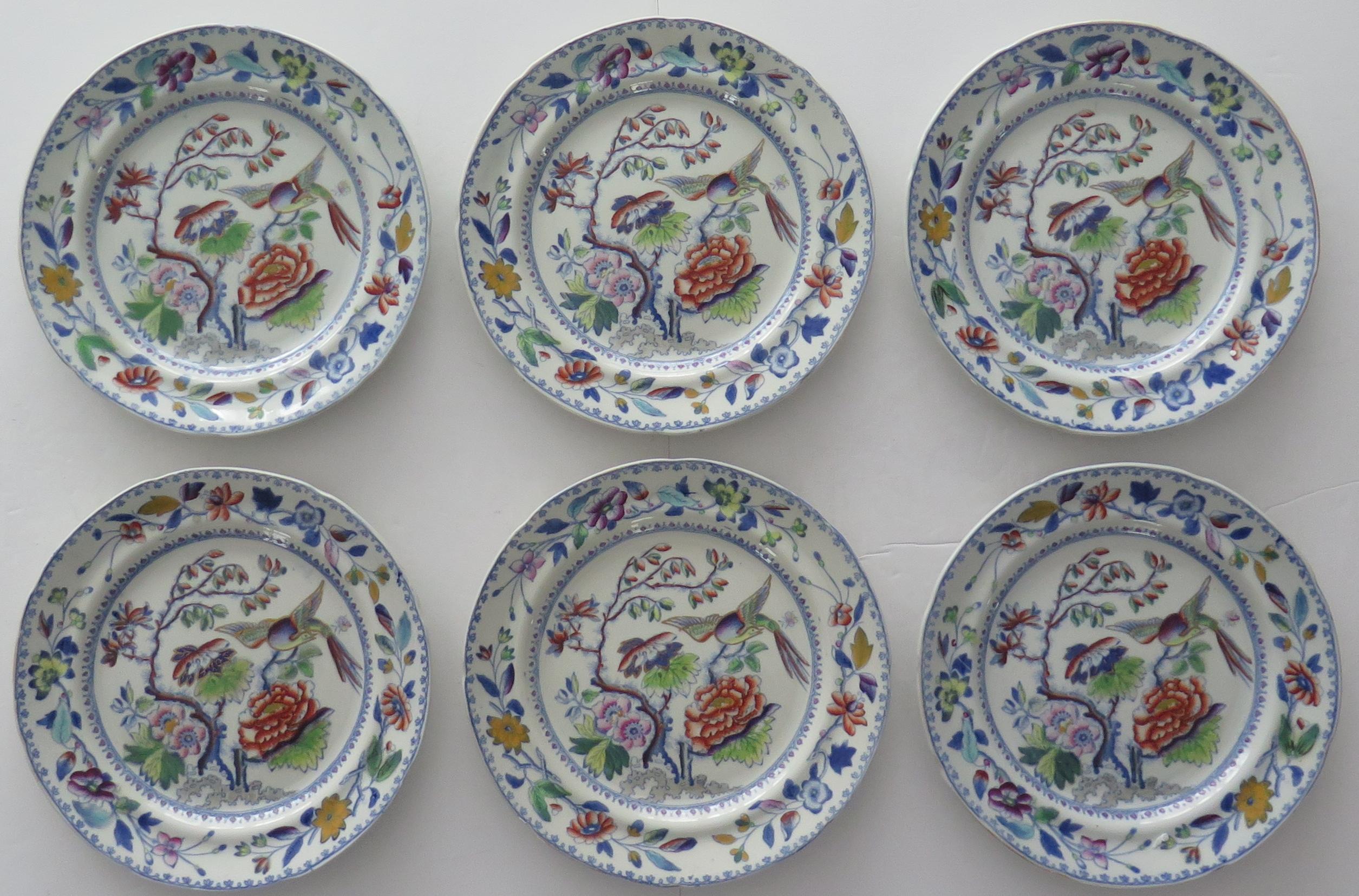 This is a good early hand painted ironstone (stone china) set of six desert plates, made by William Davenport and Co., Longport, Staffordshire Potteries, England, George 111rd period, circa 1815.

The plates are well potted and hand painted,