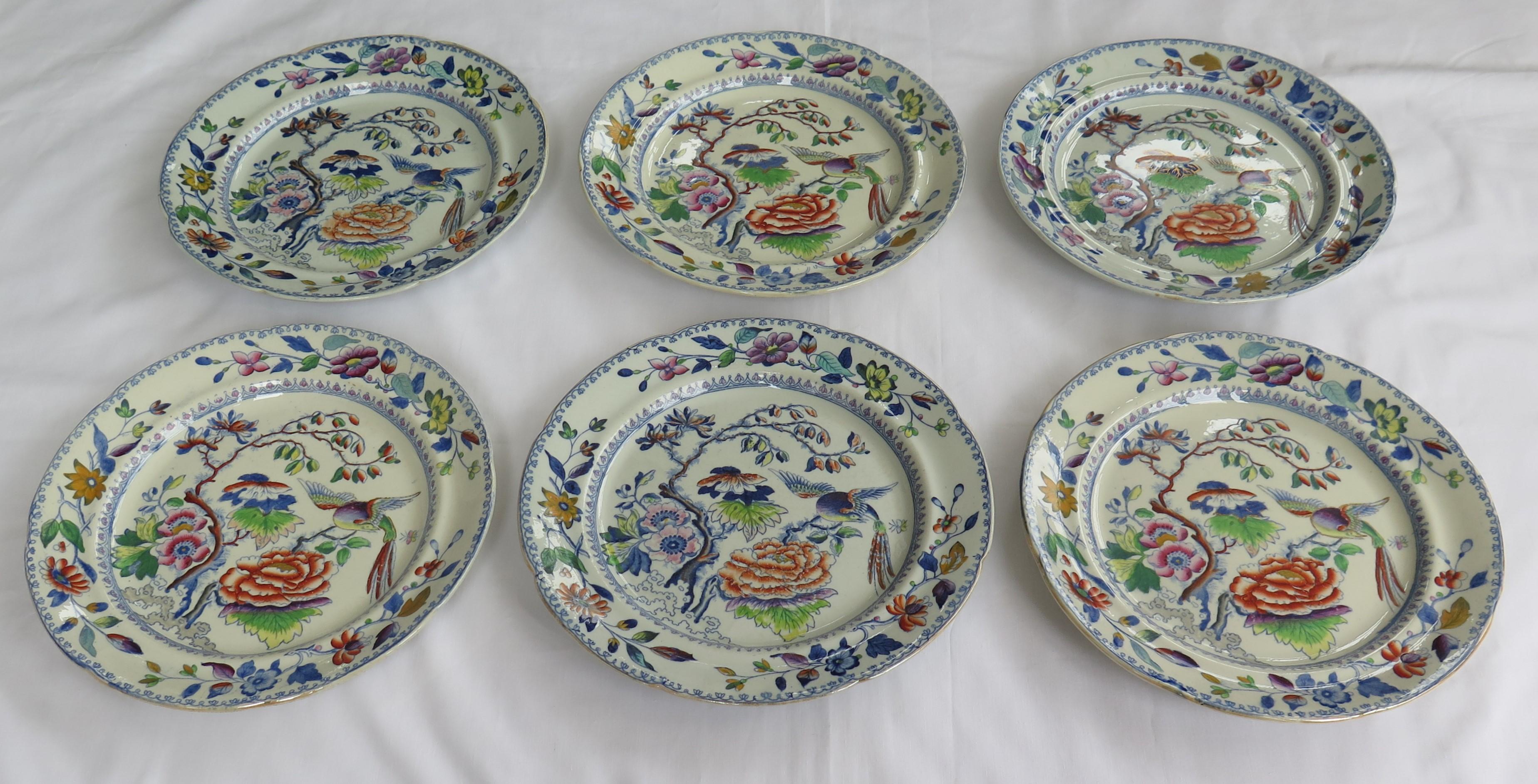 This is a good early hand painted ironstone (stone china) set of six dinner plates, made by William Davenport and Co., Longport, Staffordshire Potteries, England, George 111rd period, circa 1815.

The plates are well potted and hand painted,