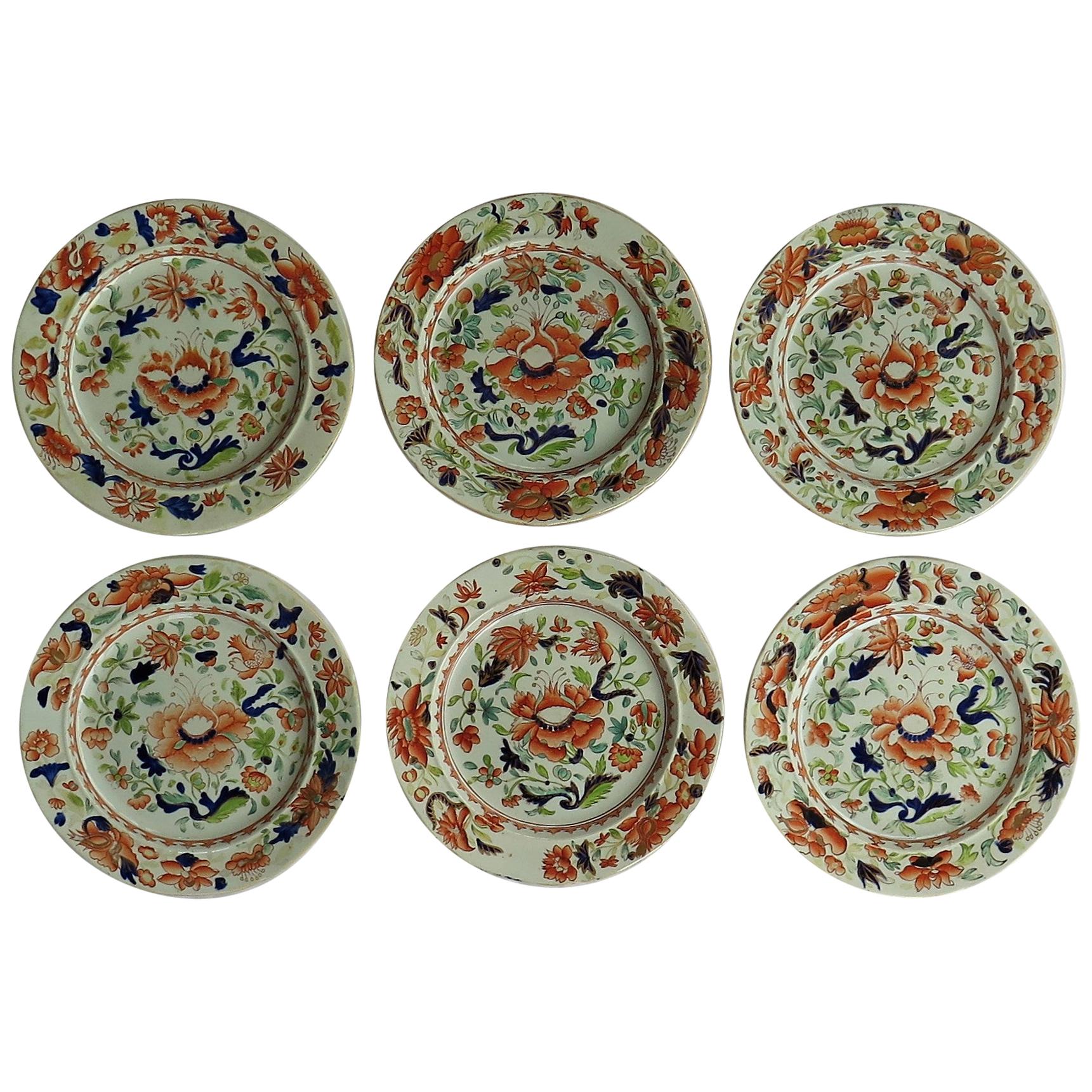 Set of Six Georgian Mason's Ironstone Dinner Plates in Large Stamen Flower Ptn