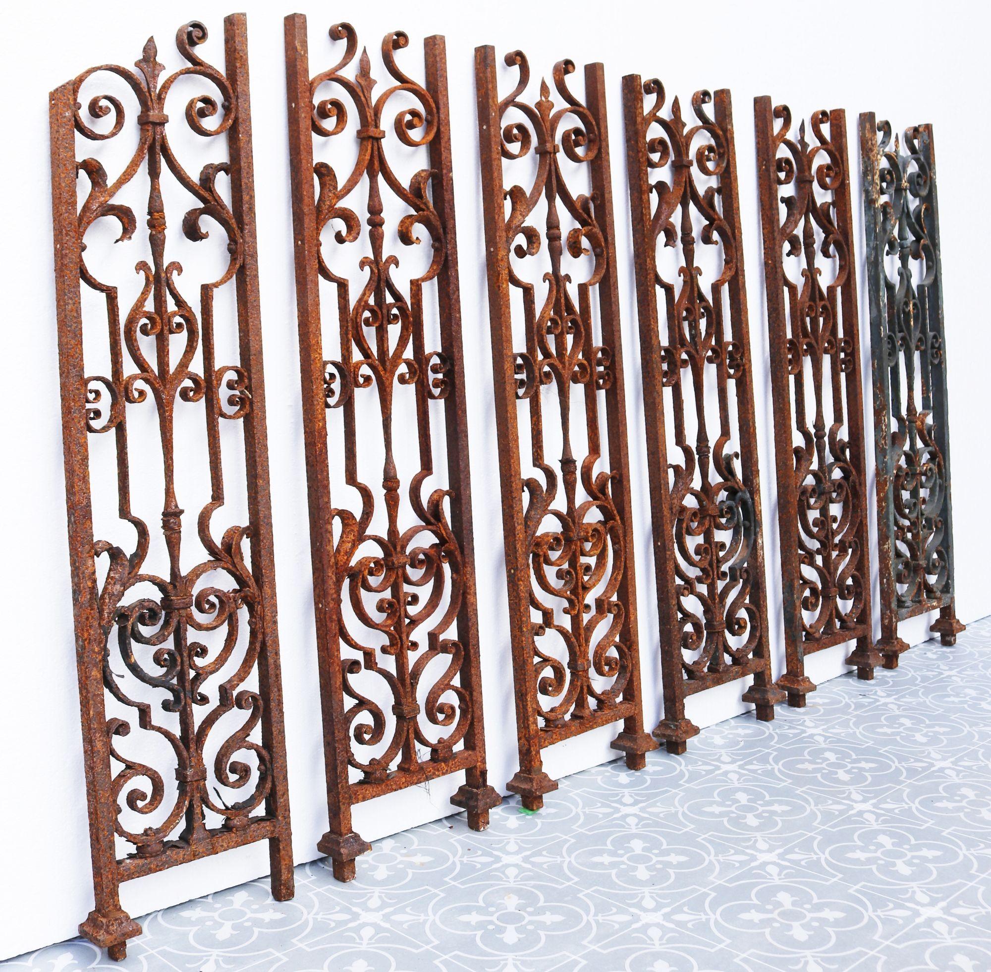 Set of six Georgian wrought iron balustrades. Six beautiful, individually black smith made balustrades with an effective light surface rust.