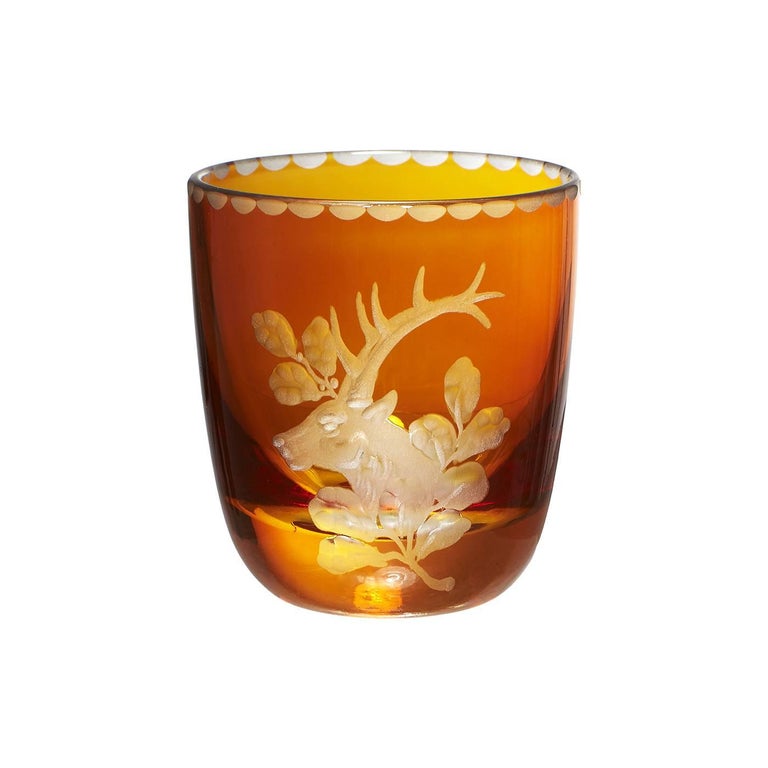 Set of Six German Black Forest Schnapps Glasses Green with Hunting