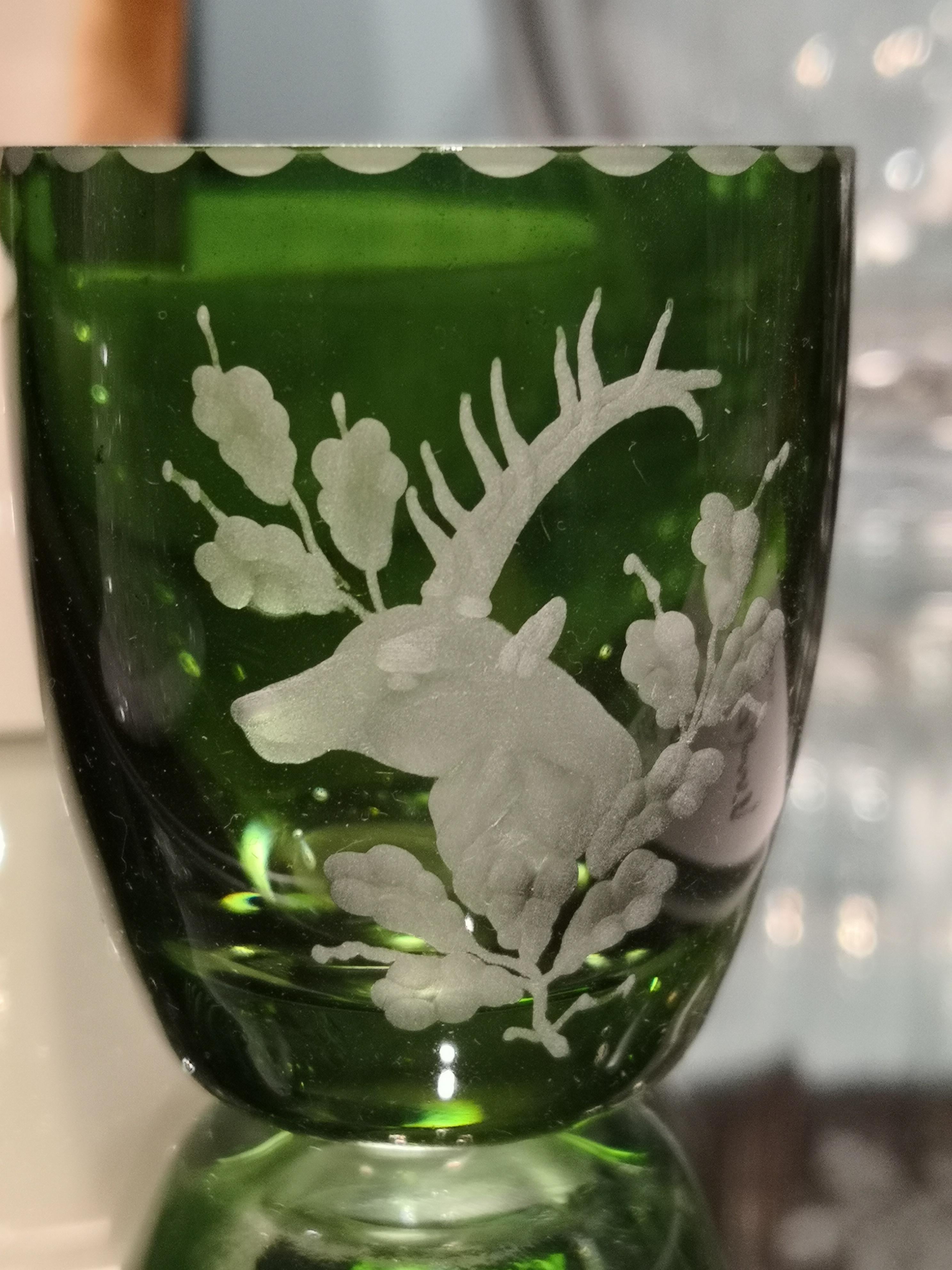 Set of Six German Black Forest Schnapps Glasses  Green with Hunting Scene In New Condition For Sale In Kitzbuhel, AT