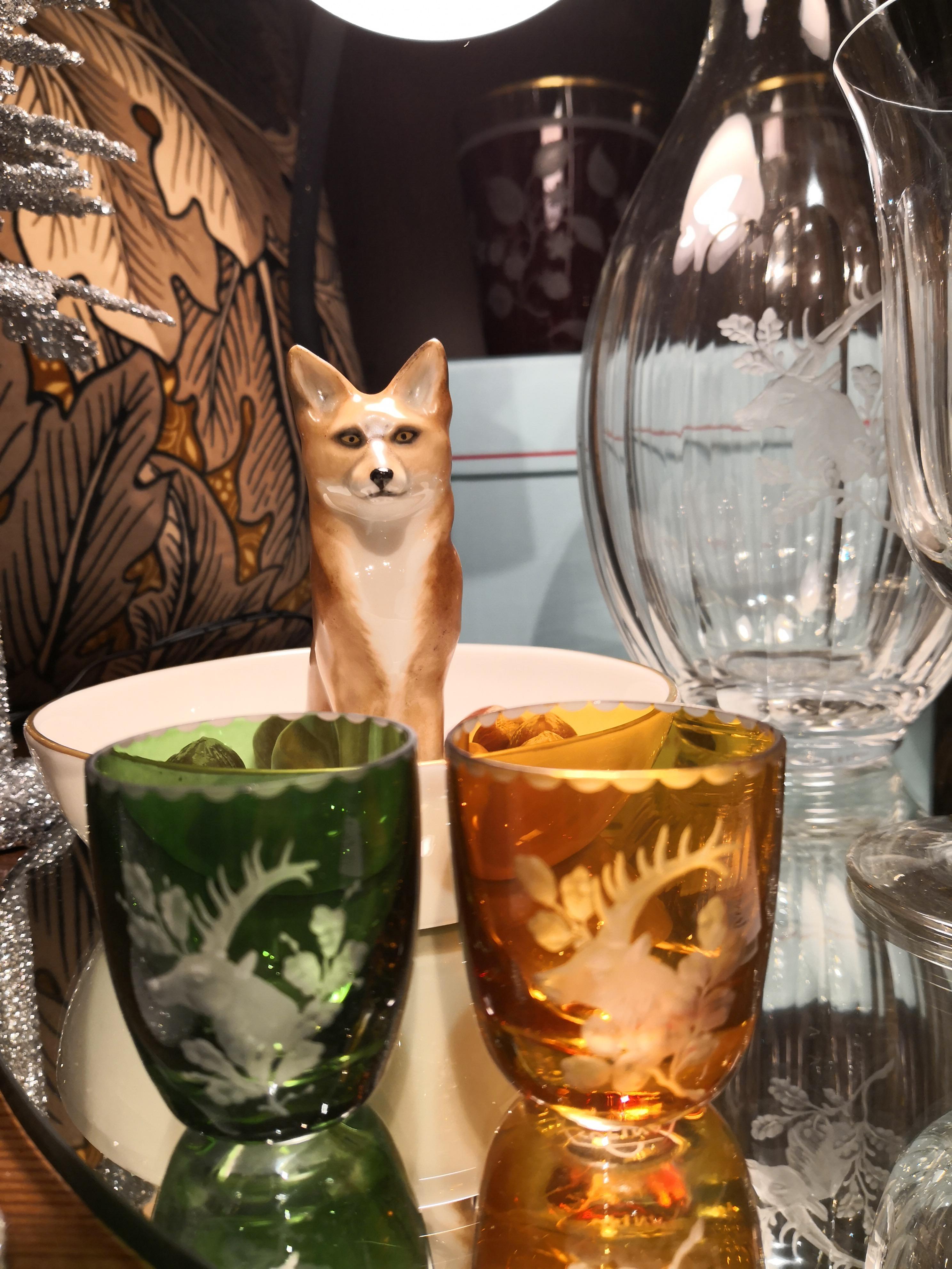 Cristal Ensemble de six verres allemands Schnapps de la Forêt Noire  Vert avec scène de chasse en vente