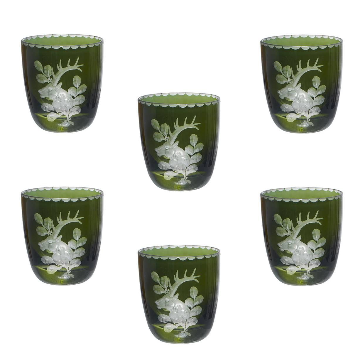 Set of Six German Black Forest Schnapps Glasses  Green with Hunting Scene For Sale