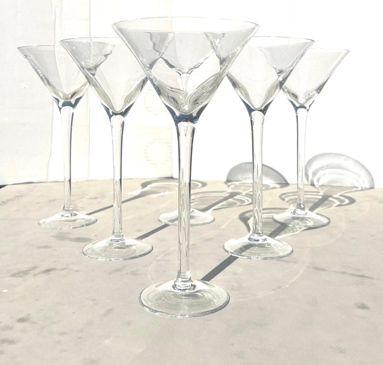 Set of Six German Crystal Long Stem Martini Cocktail Glasses, C. 1990
