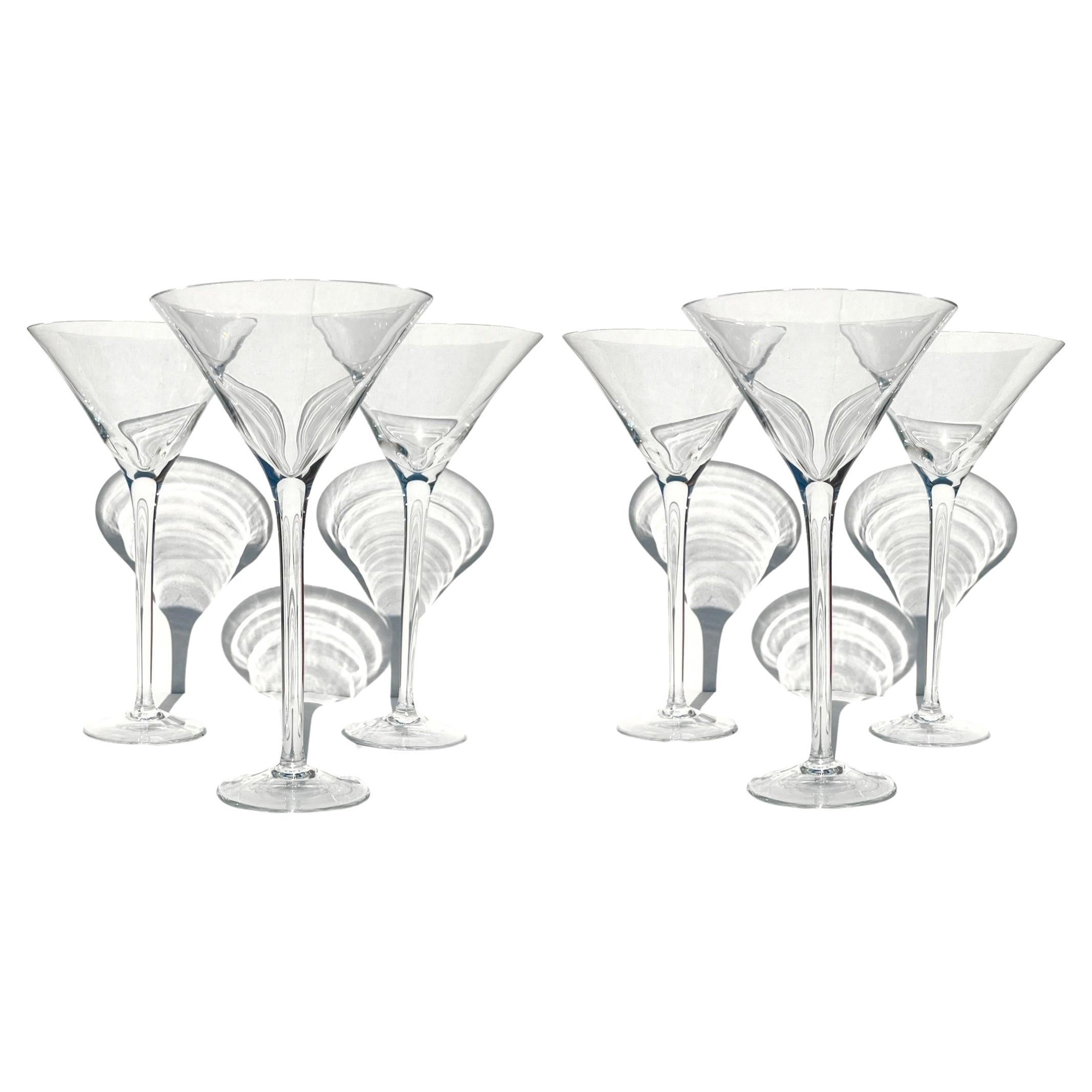 Set of stunning long stem cocktail glasses with extra large bowls. These vintage blown stemware glasses are handmade by German artisans. Perfect for oversized cocktails, margaritas, or martinis. Makes a chic and cheerful addition to any barware