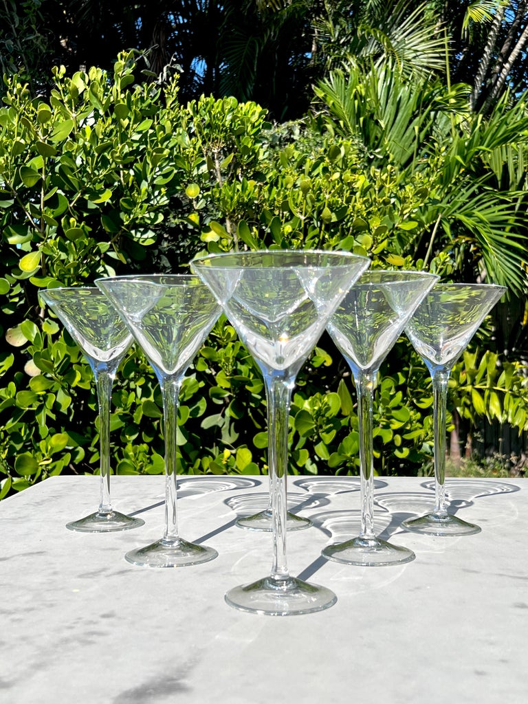 Set of Six German Crystal Long Stem Martini Cocktail Glasses, C. 1990