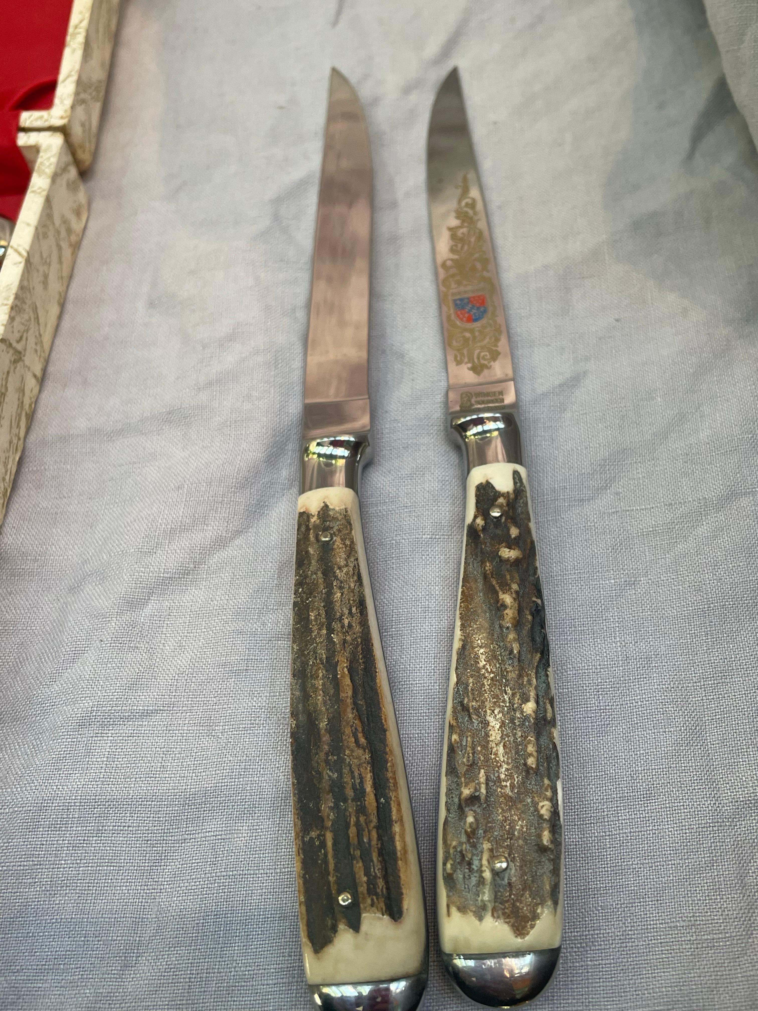 Allemand Ensemble de six couteaux allemands à manche de cerf par Wingen Solingen, Allemagne de l'Ouest en vente