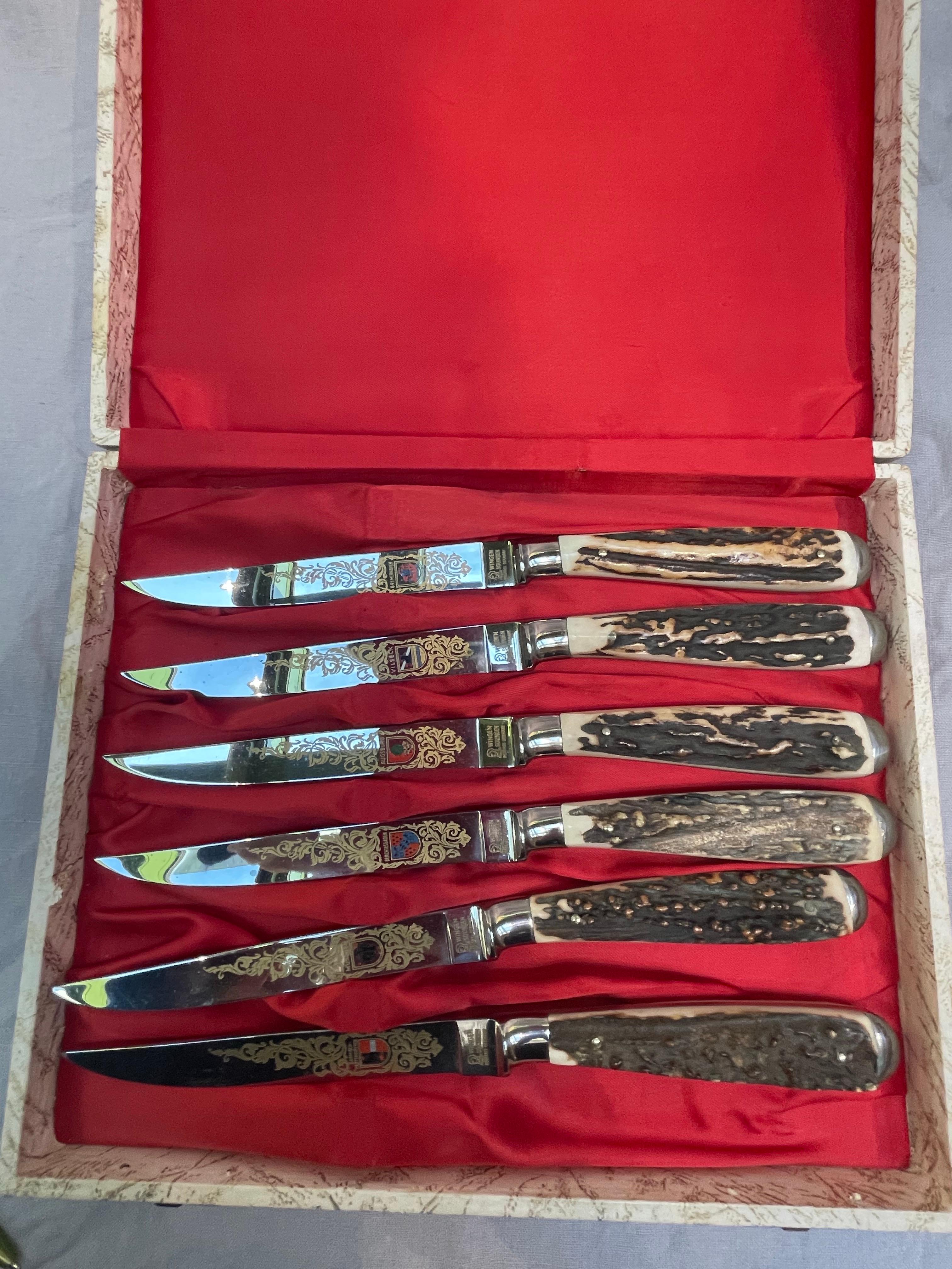 Acier inoxydable Ensemble de six couteaux allemands à manche de cerf par Wingen Solingen, Allemagne de l'Ouest en vente