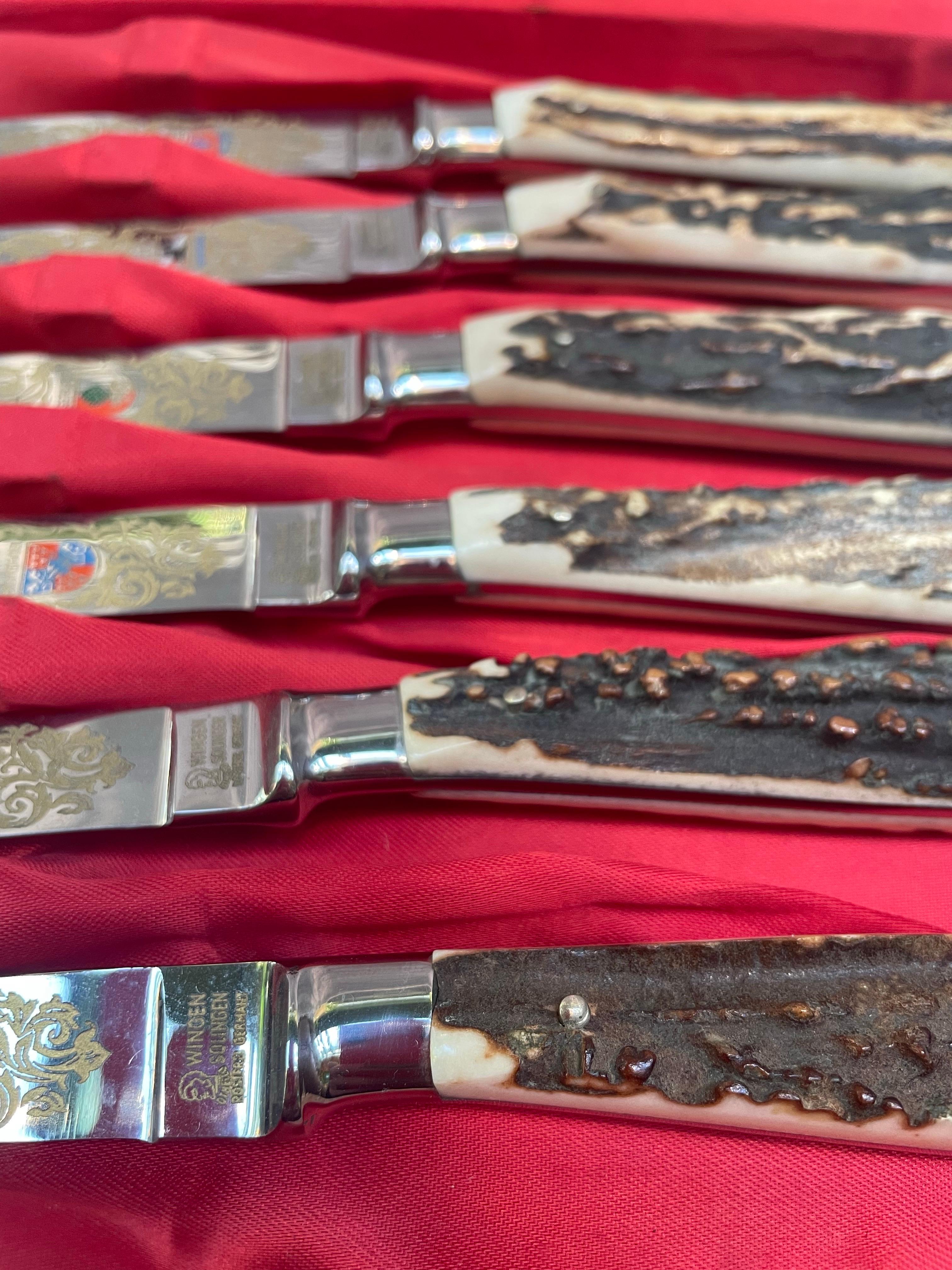 Ensemble de six couteaux allemands à manche de cerf par Wingen Solingen, Allemagne de l'Ouest en vente 2