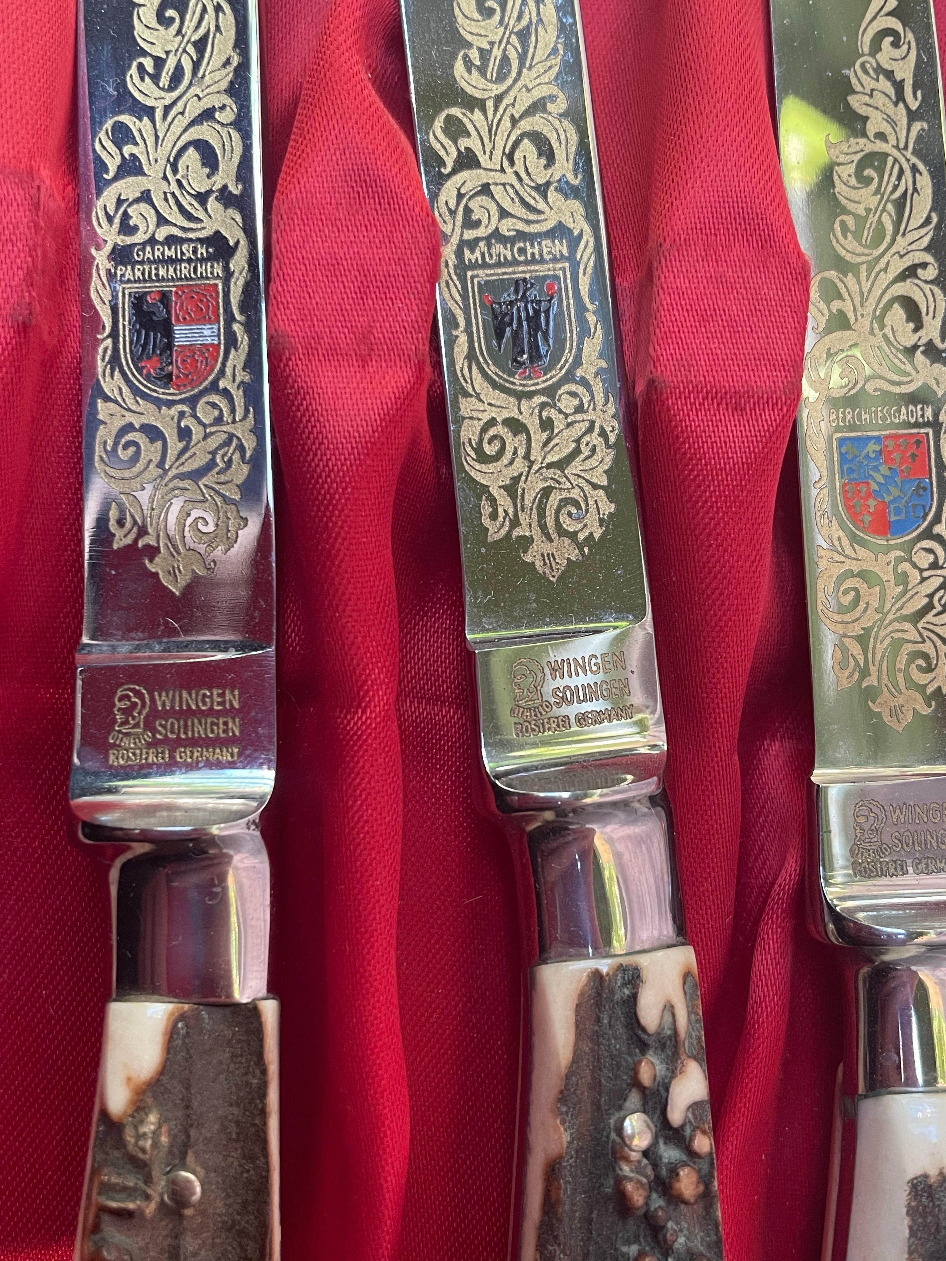Ensemble de six couteaux allemands à manche de cerf par Wingen Solingen, Allemagne de l'Ouest en vente 3