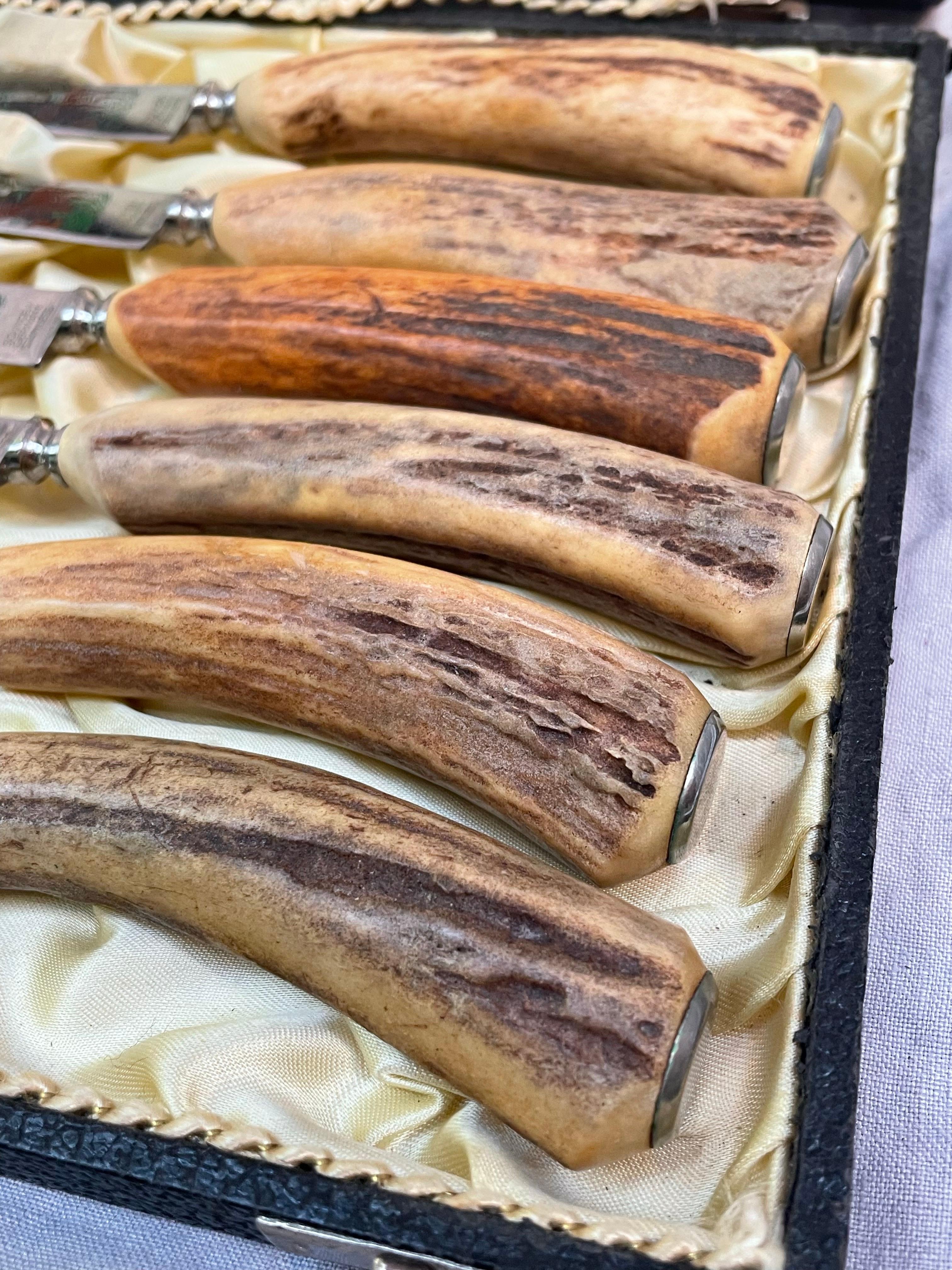 Satz von sechs deutschen Steakmessern mit Hirschhorngriff von Solingen im Angebot 2