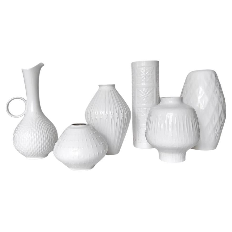 Set of Six German Vintage Textured White Porcelain Vases