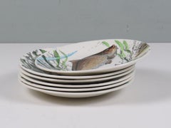 Set of Six Gien “Sologne” French Faience Dinner Plates with Fish Motif