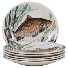Set of Six Gien “Sologne” French Faience Dinner Plates with Fish Motif