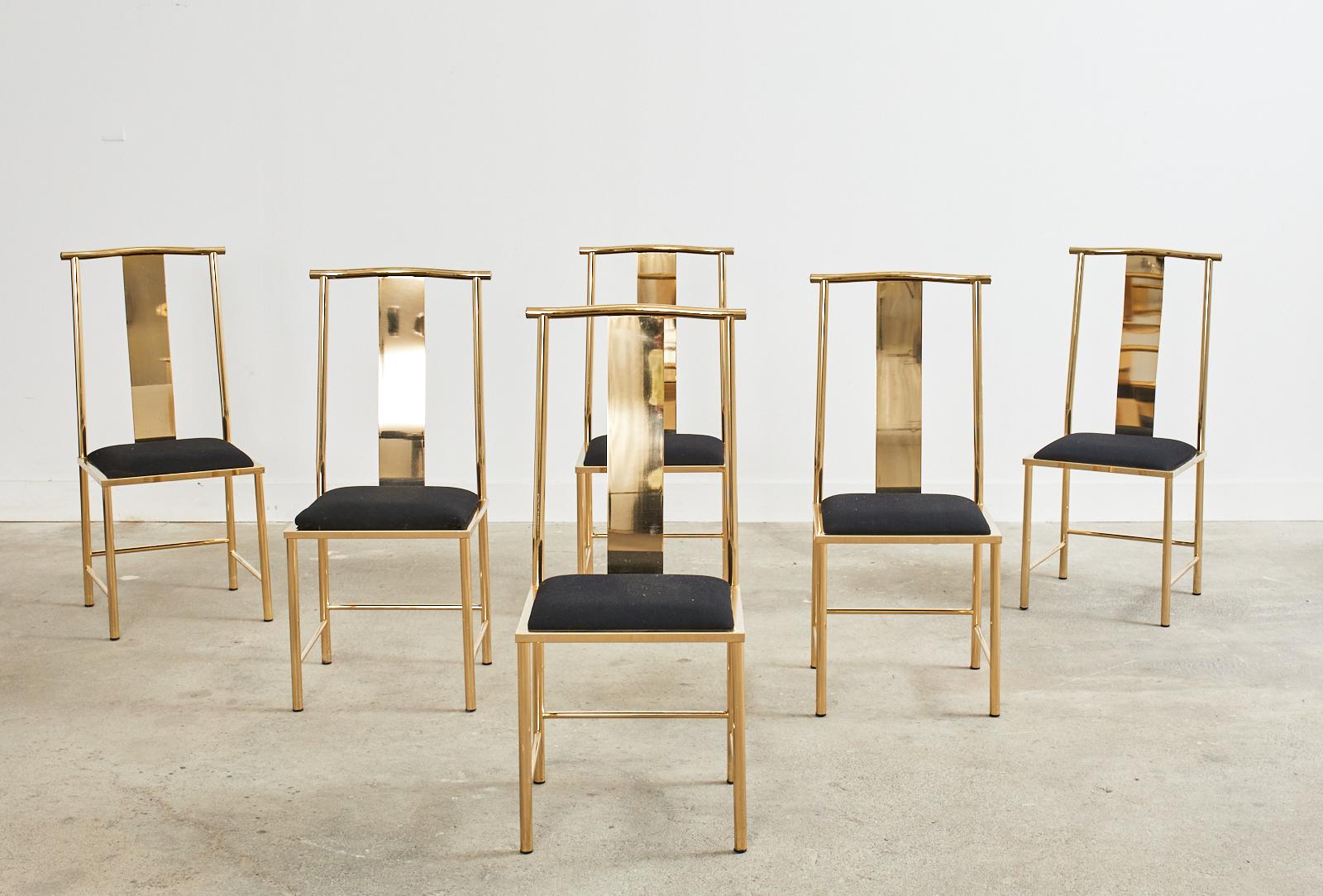 Anodized Set of Six Gilded Steel Chinese Officials Hat Dining Chairs For Sale