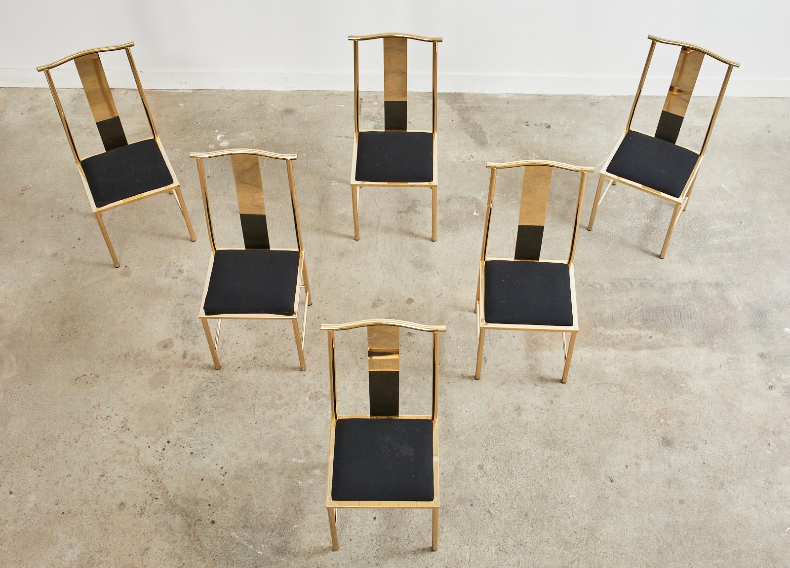 Anodized Set of Six Gilded Steel Chinese Officials Hat Dining Chairs For Sale
