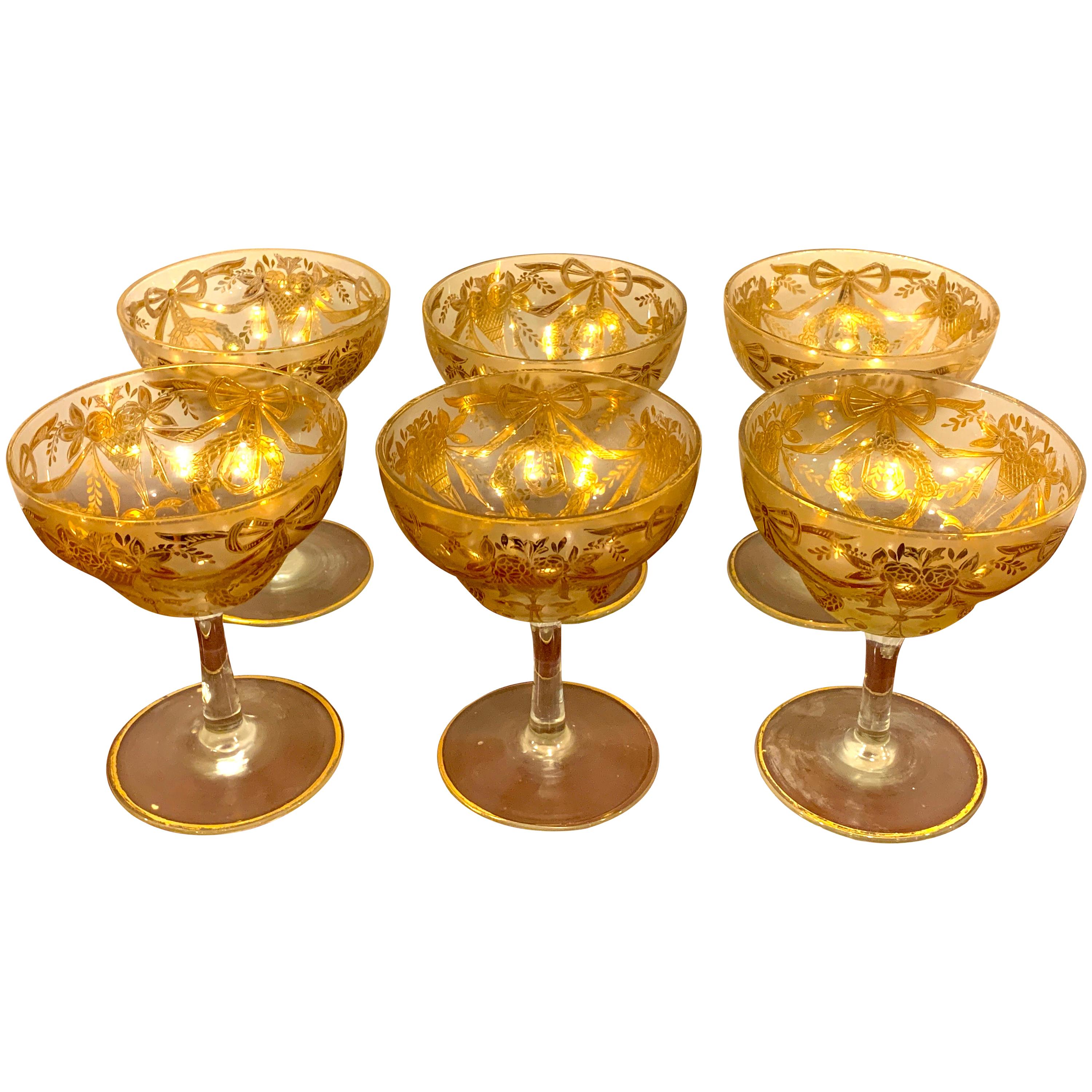 Set of Six Gilt Enameled Frosted Grand Coupes/ Dessert or Seafood For Sale
