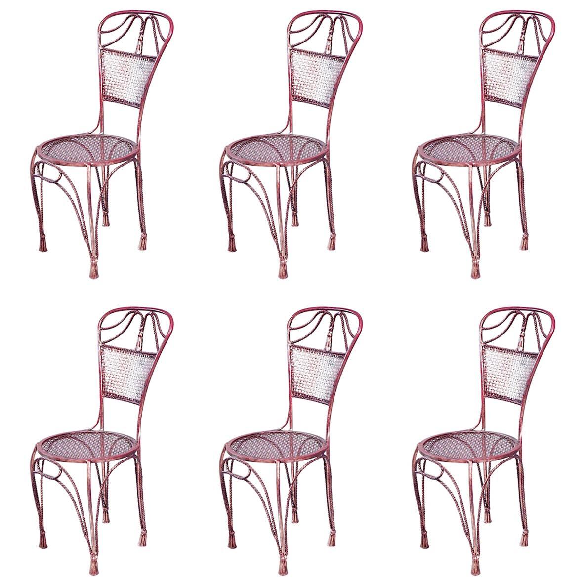 Satz von 6 Beistellstühlen aus vergoldetem Metall mit Seil und Quaste im Angebot