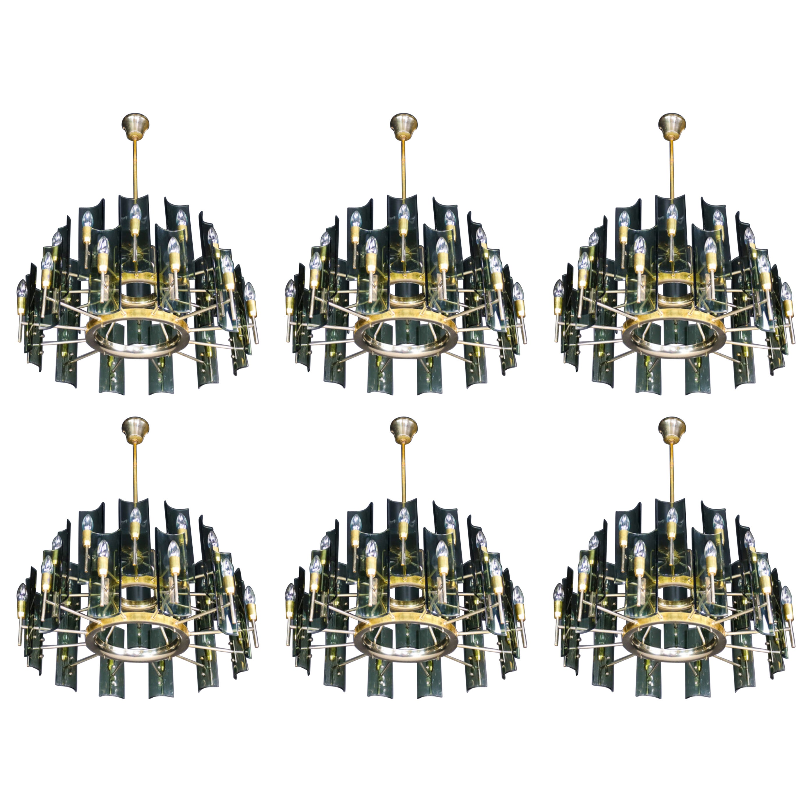 Set di sei lampadari Gino Paroldo Grande in ottone, Italia 1950 in vendita