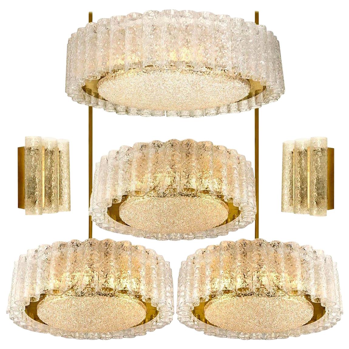 Set of Six Glass Brass Light Fixtures by Doria, Germany, 1960s