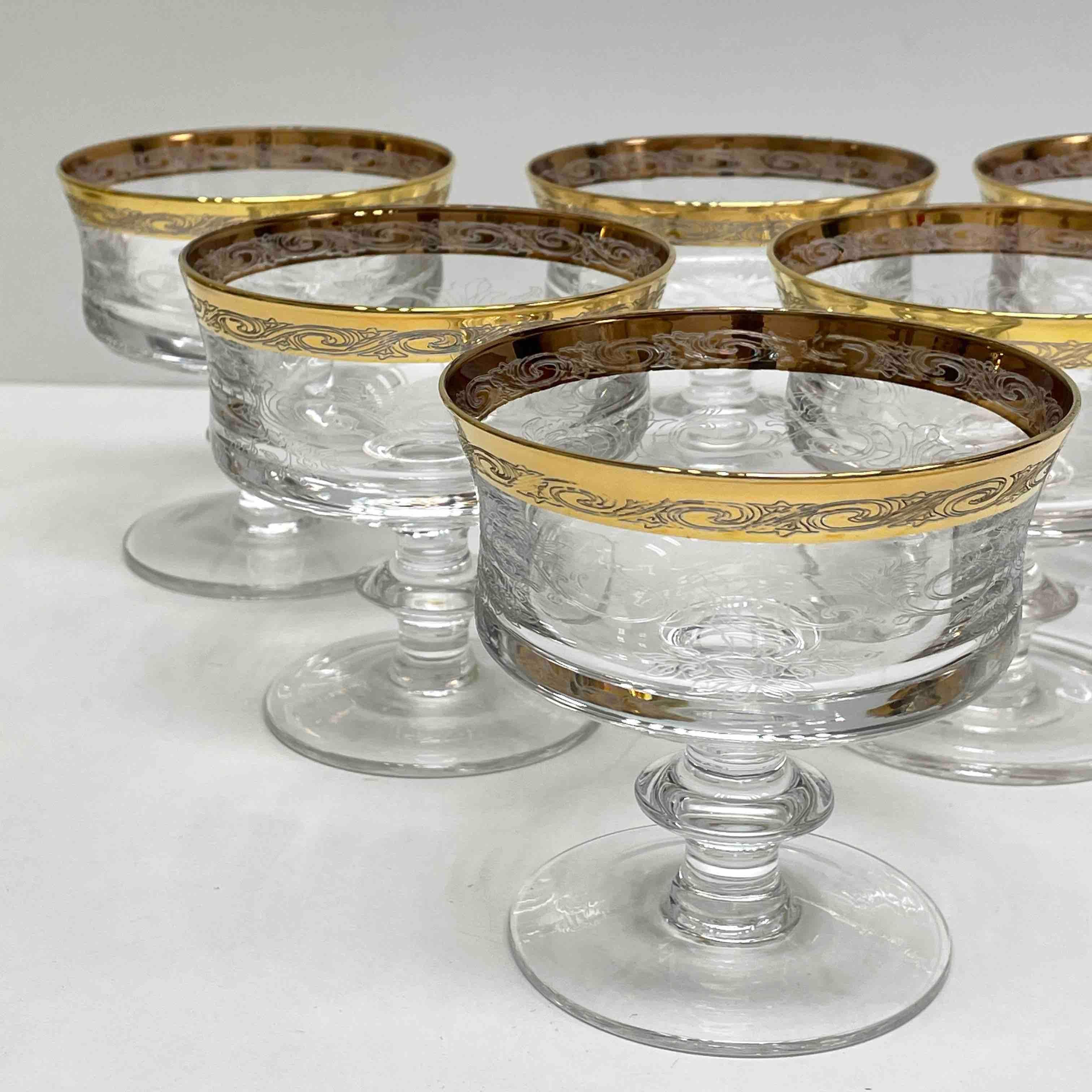 Hollywood Regency Set of Six Glass Champagne Goblets with 24k Gold Rim, Moser Glass Carlsbad
