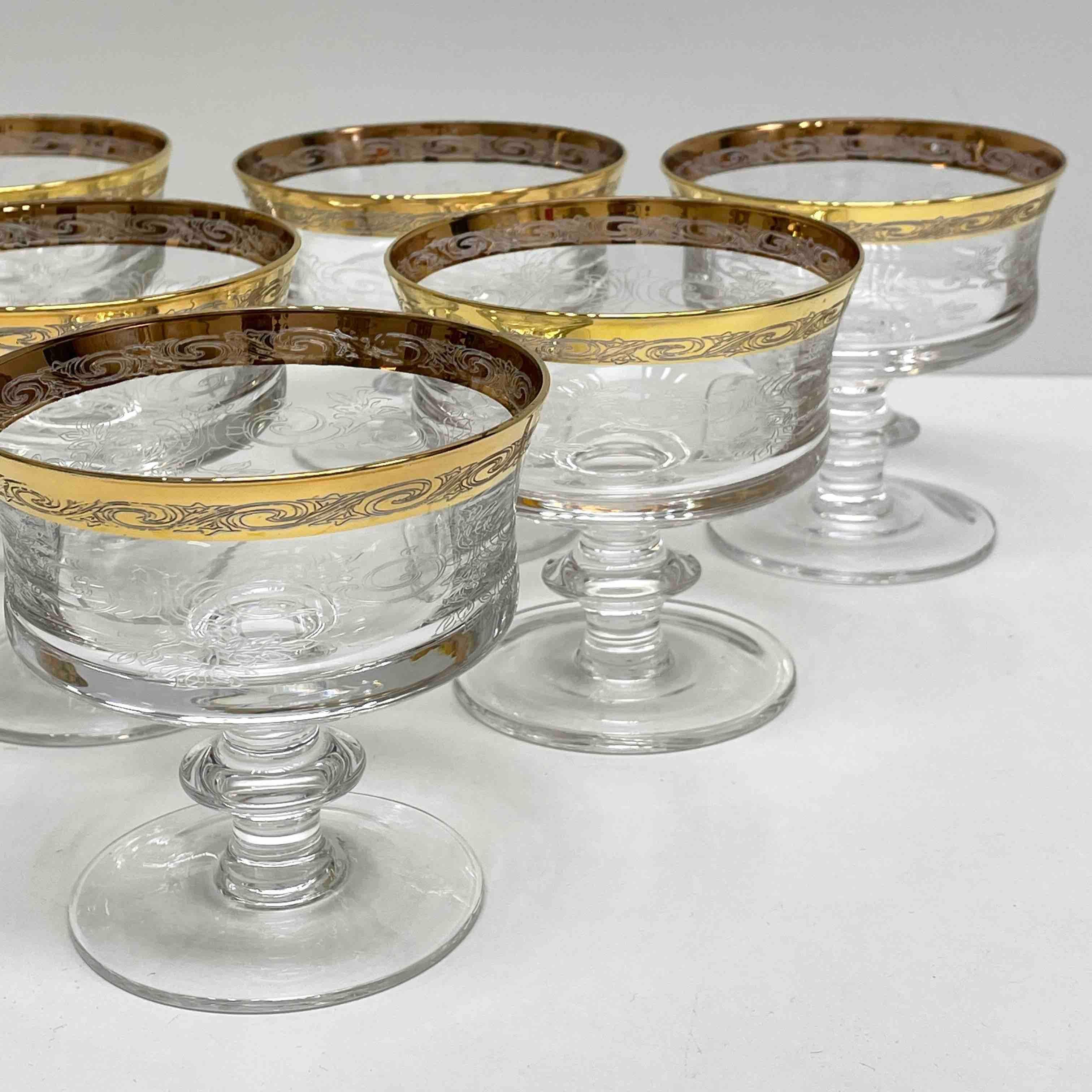 Czech Set of Six Glass Champagne Goblets with 24k Gold Rim, Moser Glass Carlsbad