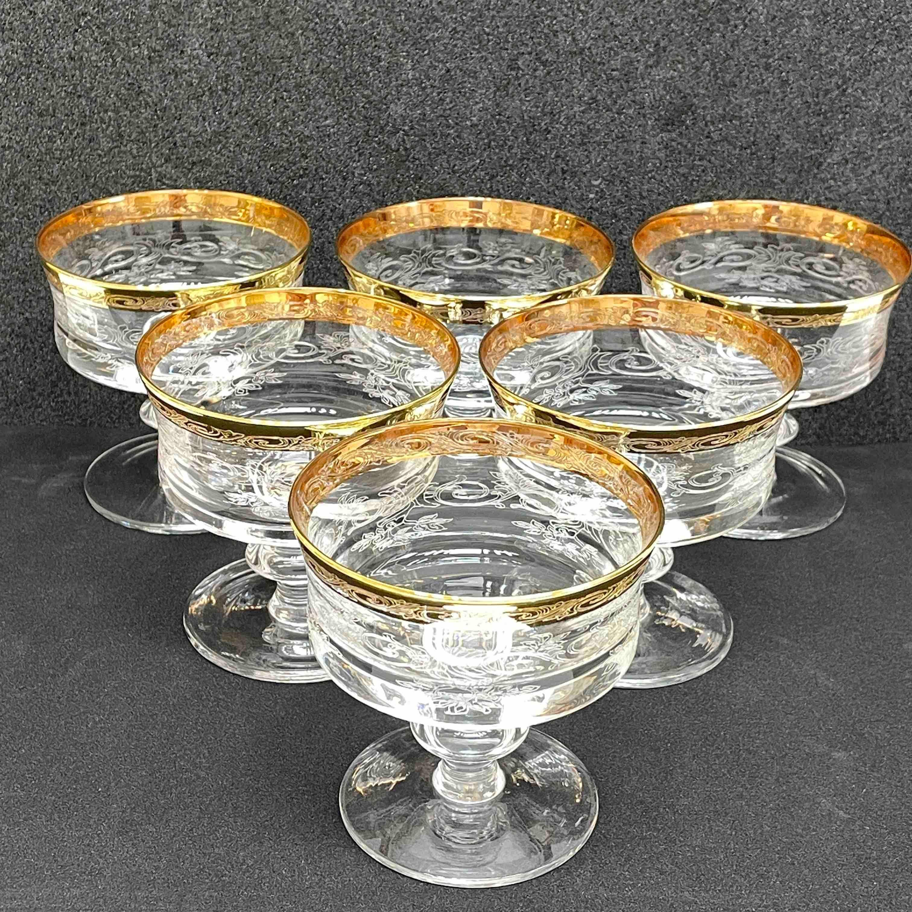Hand-Crafted Set of Six Glass Champagne Goblets with 24k Gold Rim, Moser Glass Carlsbad