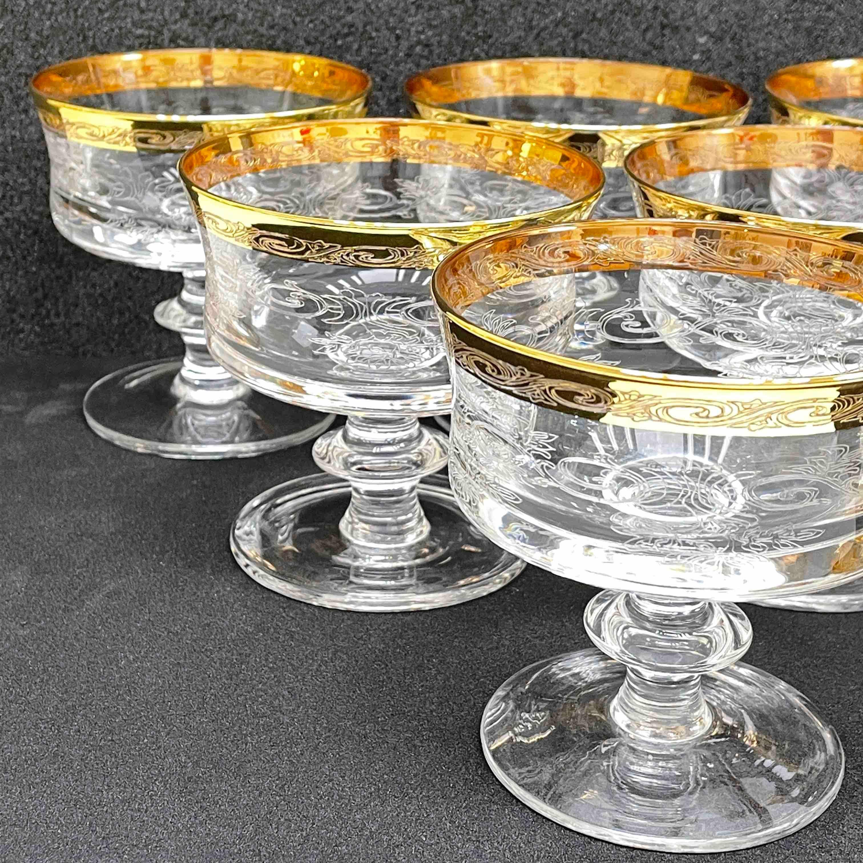 Set of Six Glass Champagne Goblets with 24k Gold Rim, Moser Glass Carlsbad In Good Condition In Nuernberg, DE