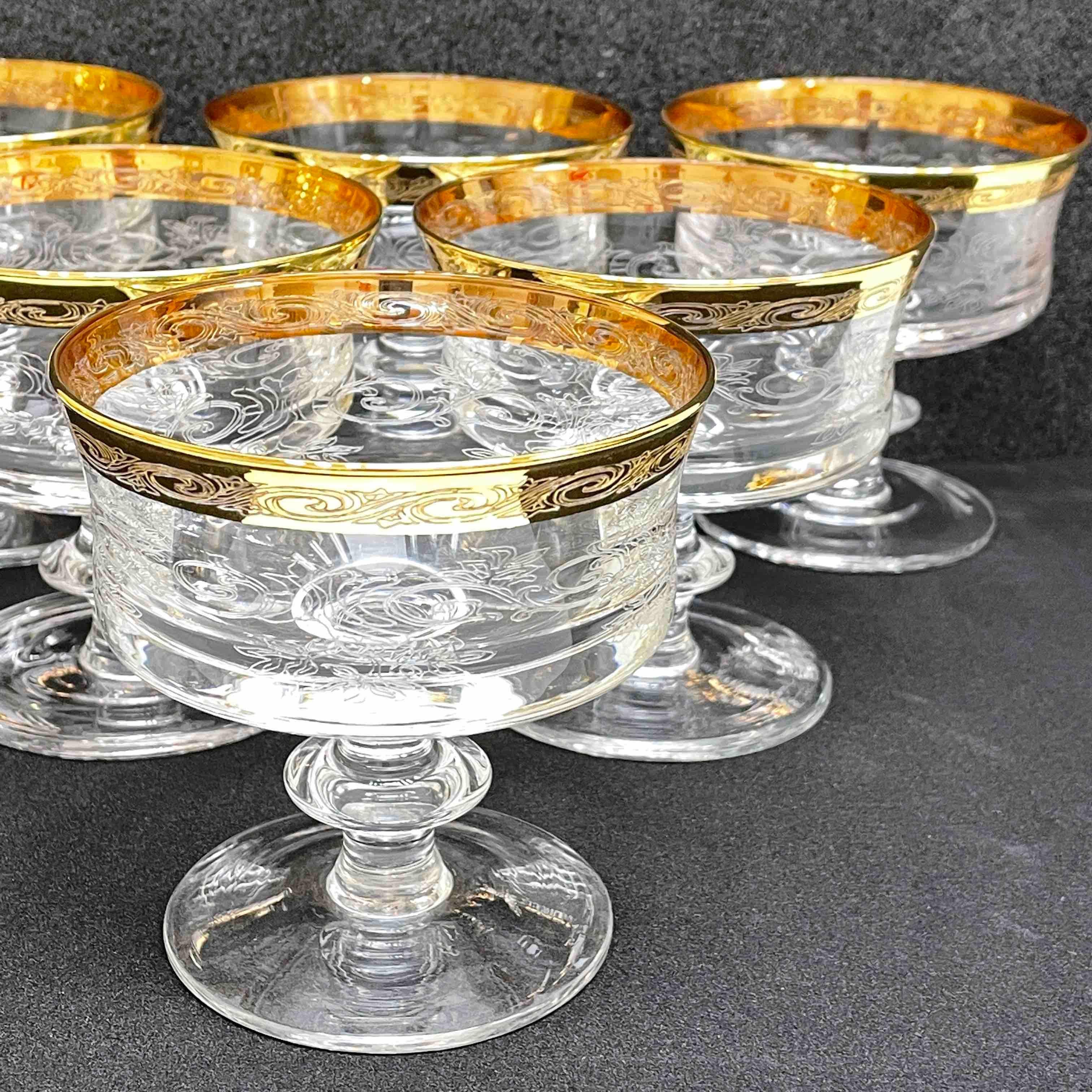 Late 20th Century Set of Six Glass Champagne Goblets with 24k Gold Rim, Moser Glass Carlsbad